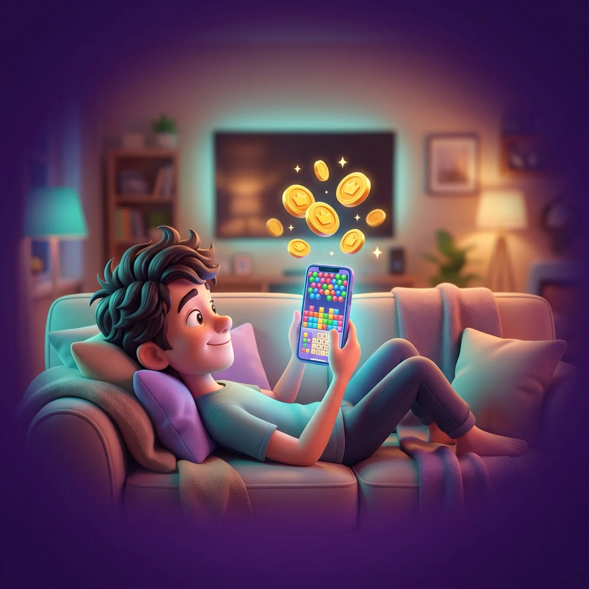 A person relaxing on a couch in a warm-lit living room, playing a colorful mobile puzzle game on their phone while a TV glows in the background, the classic second-screen setup for games to play while watching TV