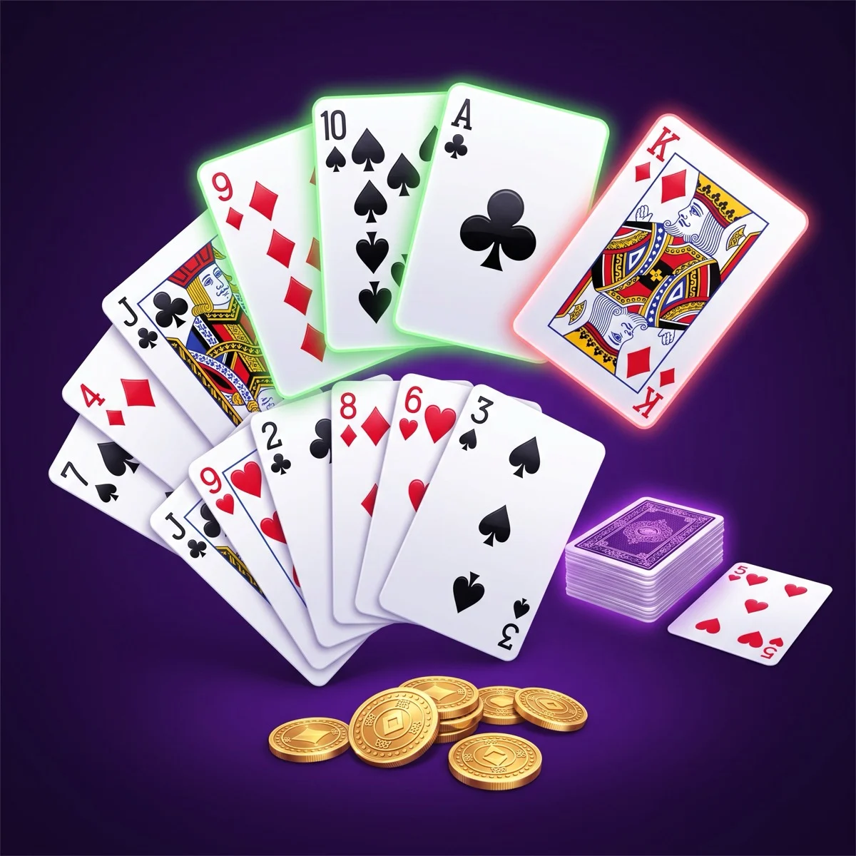 A fanned gin rummy opening hand on a deep purple background, with three cards outlined in green to keep and a King outlined in red being thrown, beside the stock pile and a face-up upcard