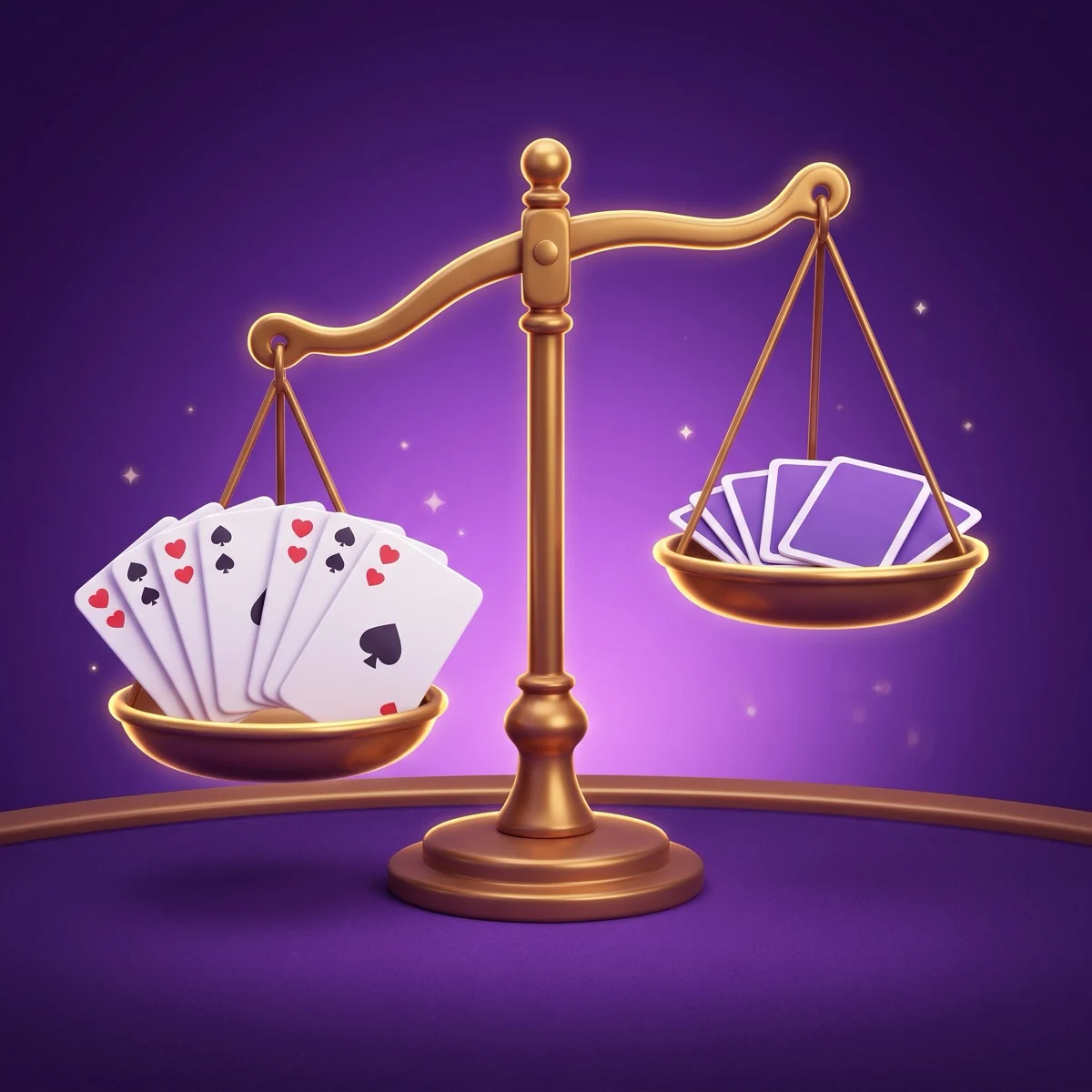 A glossy brass balance scale on a purple felt table, its lower pan holding a fanned hand of playing cards and its higher pan holding a few face-down cards