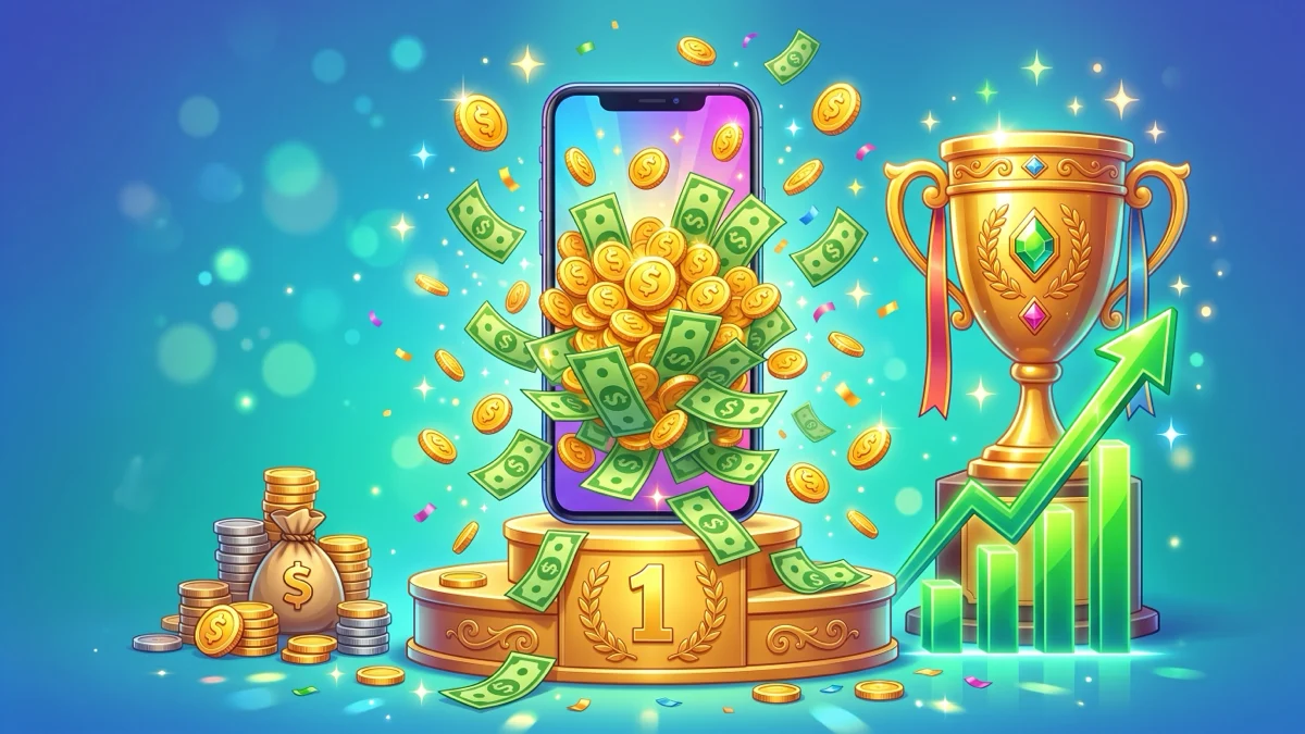 3D cartoon illustration of a smartphone on a podium spilling gold coins and dollar bills, with a small reward-app coin stack on one side and a tall tournament trophy with a rising prize-pool bar on the other — highest paying mobile games for cash ranked by earning ceiling