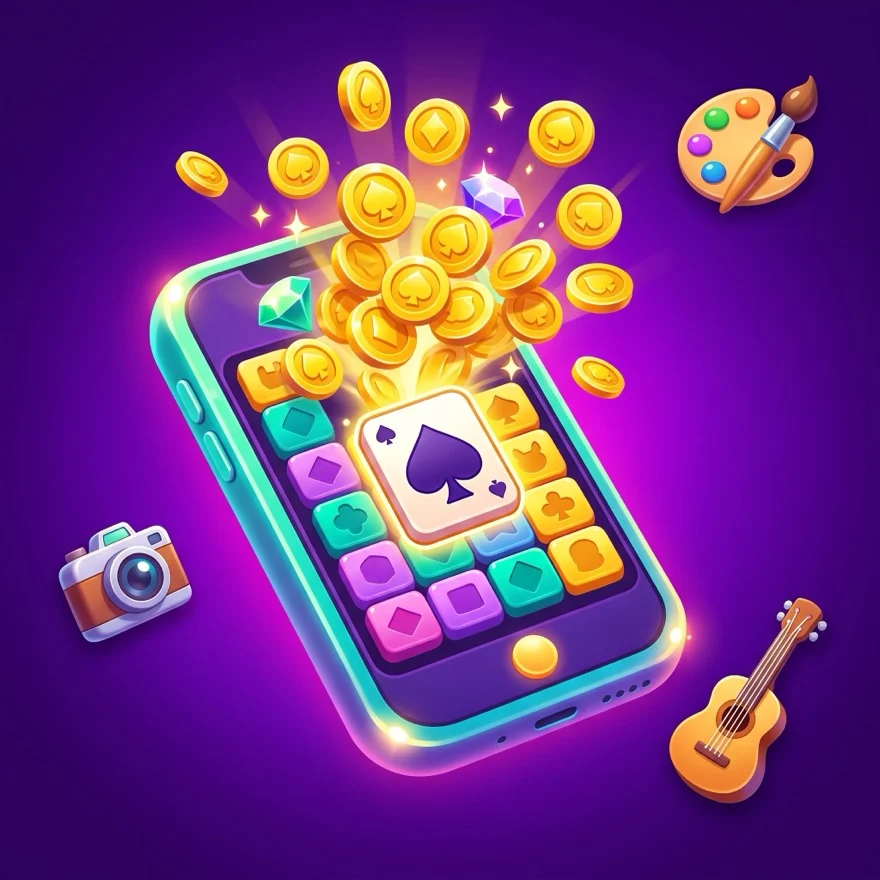 Glossy 3D cartoon of a smartphone showing a colorful skill-game board bursting with gold coins, framed by a camera, a paint palette, and a guitar — hobbies that can make you money