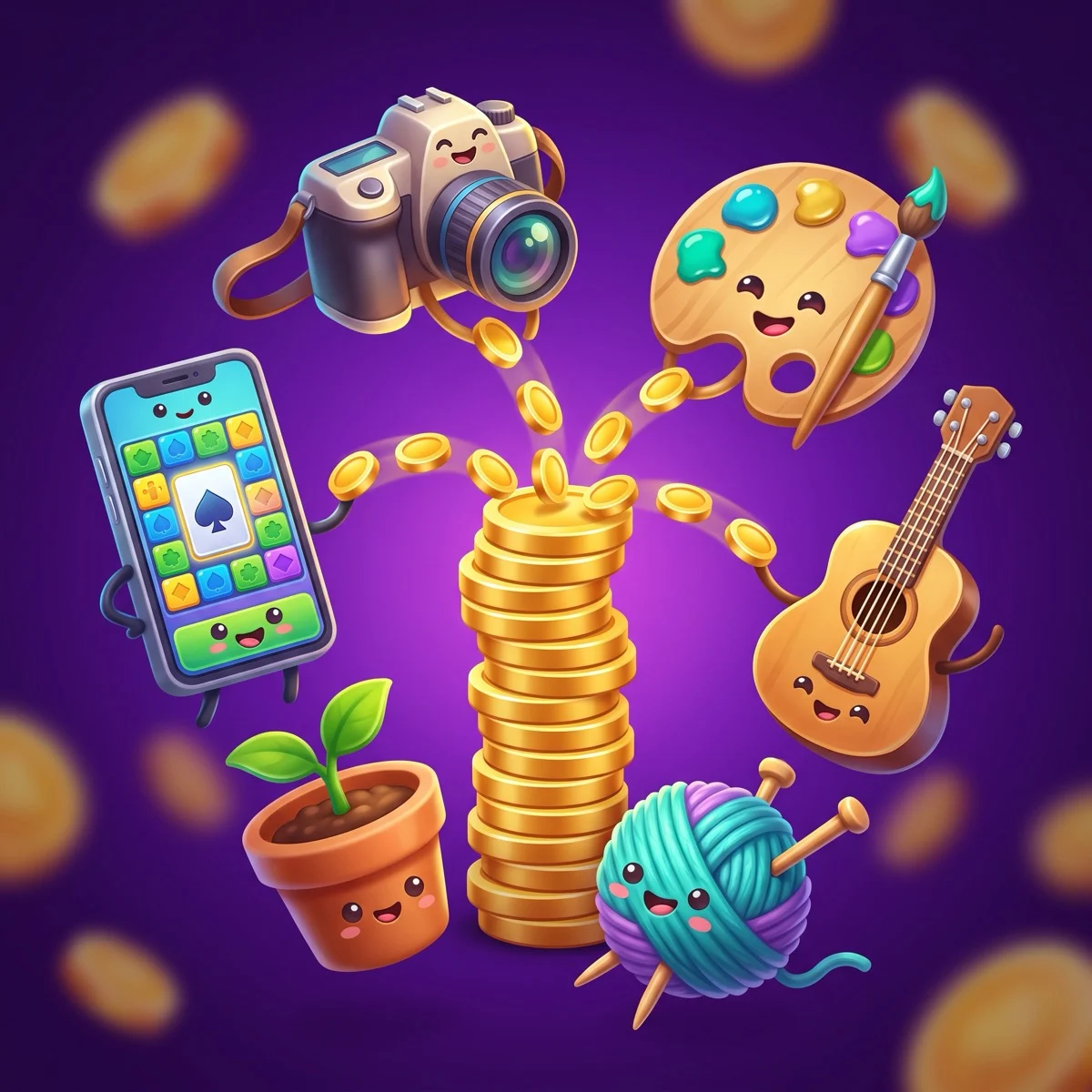 Glossy 3D cartoon illustration of hobby objects — a camera, paint palette, acoustic guitar, ball of knitting yarn, a potted seedling, and a smartphone showing a colorful skill-game board — feeding gold coins into a central rising stack on a deep purple radial background