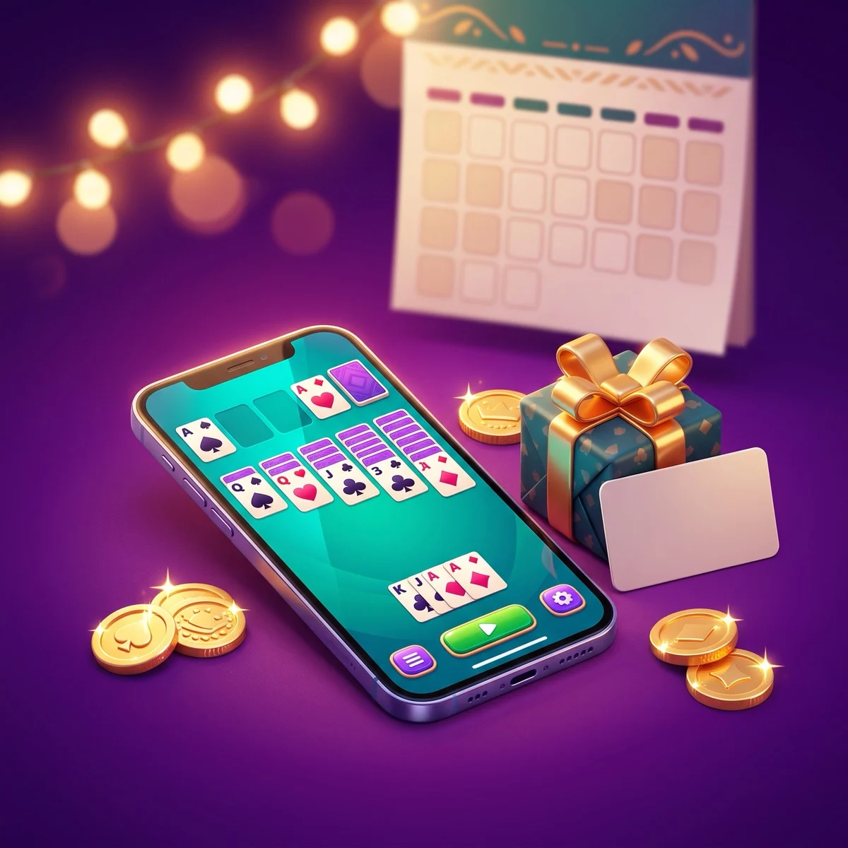 A smartphone showing a solitaire game beside a wrapped gift with a gold ribbon, a blank gift card and a few gold coins, with glowing string lights and a wall calendar behind