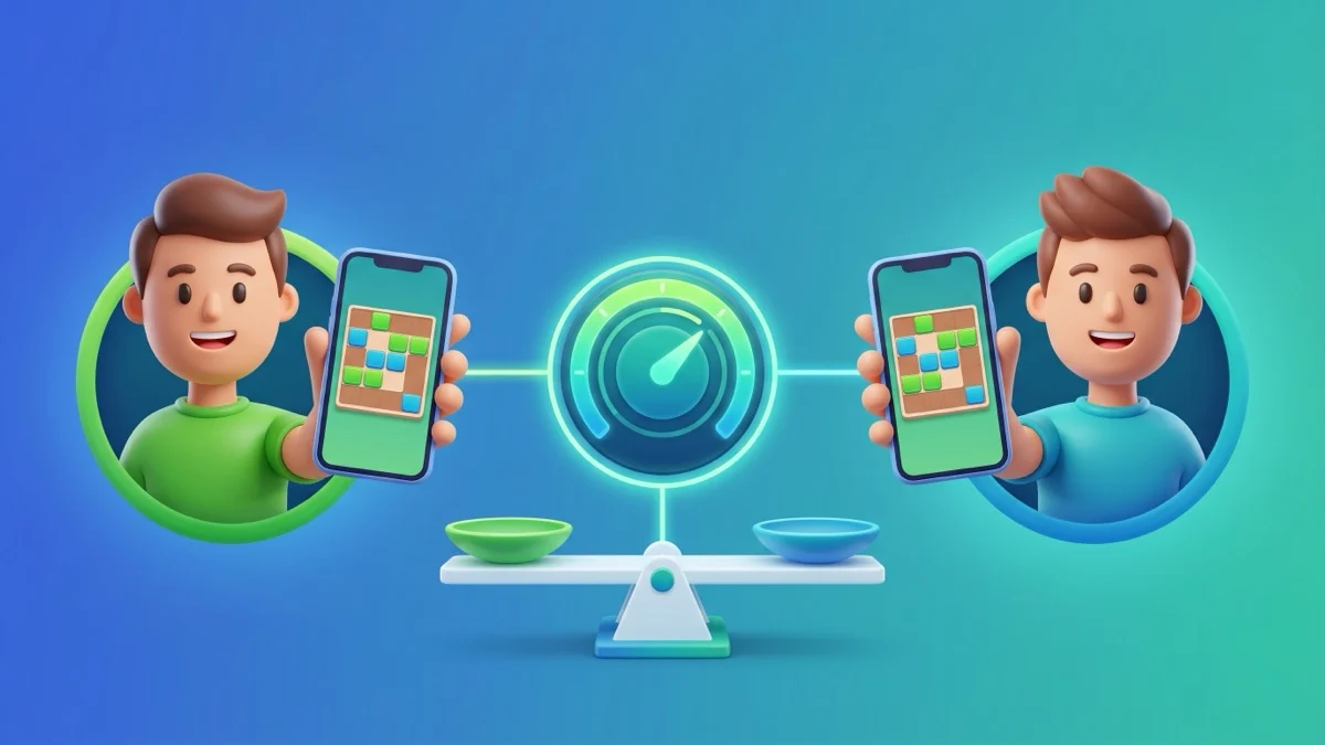 3D cartoon illustration of cash-game matchmaking: two evenly matched players on phones connected to a central skill-rating dial that sorts them into the same skill band on an identical game board, with a 50/50 balance scale showing fair pairing