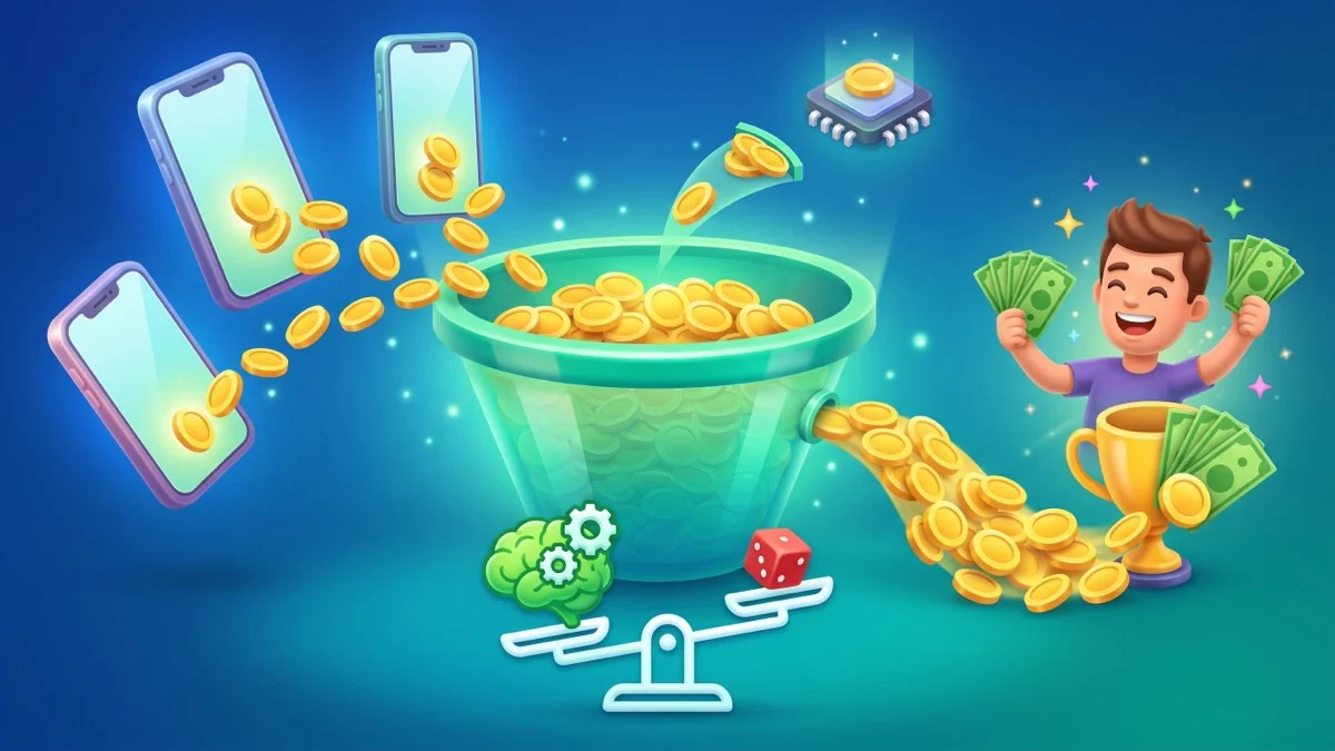 3D cartoon illustration of how a skill-based gaming platform works: phones feeding entry-fee coins into a central prize pool, a small slice splitting off to the platform as a rake, a trophy and cash paying out to top players, with a skill-versus-luck balance icon — the platform model explained