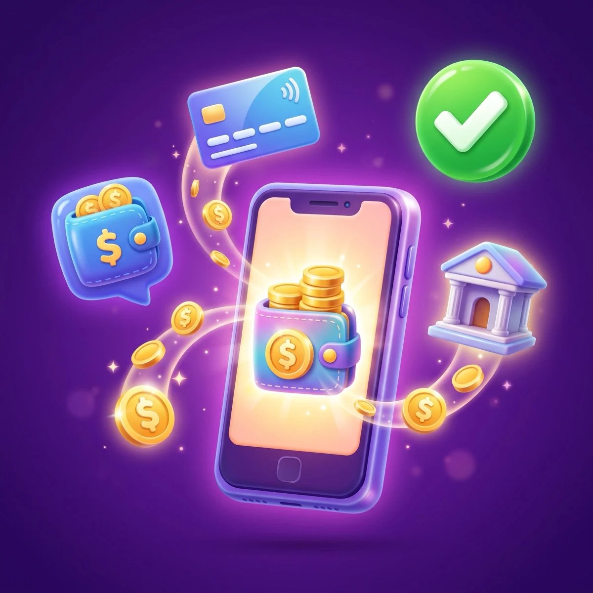Glossy 3D cartoon illustration on a deep purple background — a smartphone showing a skill-game wallet full of gold coins, surrounded by a digital-wallet icon, a contactless bank card, a bank building, flowing gold coins, and a green check mark, representing cashing out winnings