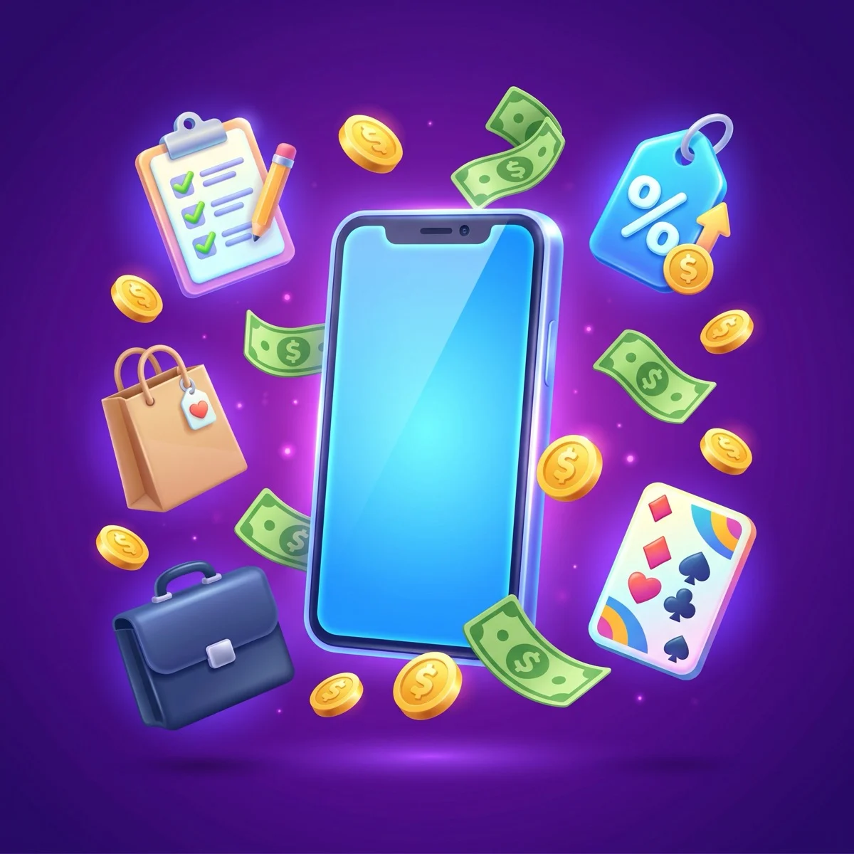 Glossy 3D cartoon illustration of a smartphone surrounded by money-making app icons — a survey checklist, a cashback tag, a shopping bag, a card-game board, and a freelancer briefcase — with chunky gold coins and green US dollar bills floating on a deep purple radial background