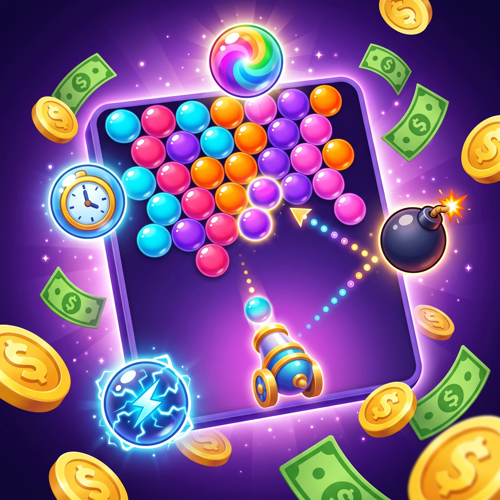 Glossy 3D cartoon illustration of a Bubble Prizes board mid-match: a cannon at the bottom firing a bubble at a colorful bubble cluster with a dotted aiming line bouncing off the wall, surrounded by the four Bubble Prizes power-up icons — Rainbow Bubble, Bomb, Line Clear, Time Bonus — with floating gold coins stamped with dollar signs and green dollar bills on a deep radial purple-to-magenta background