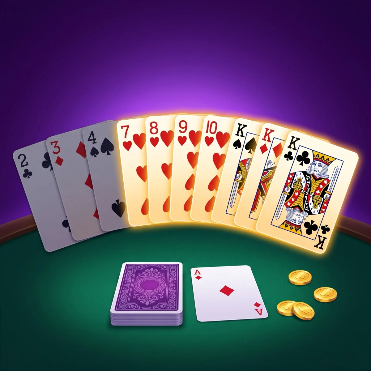 A ten-card gin rummy hand fanned on a green felt table with two melds glowing gold beside a stock pile and an upcard