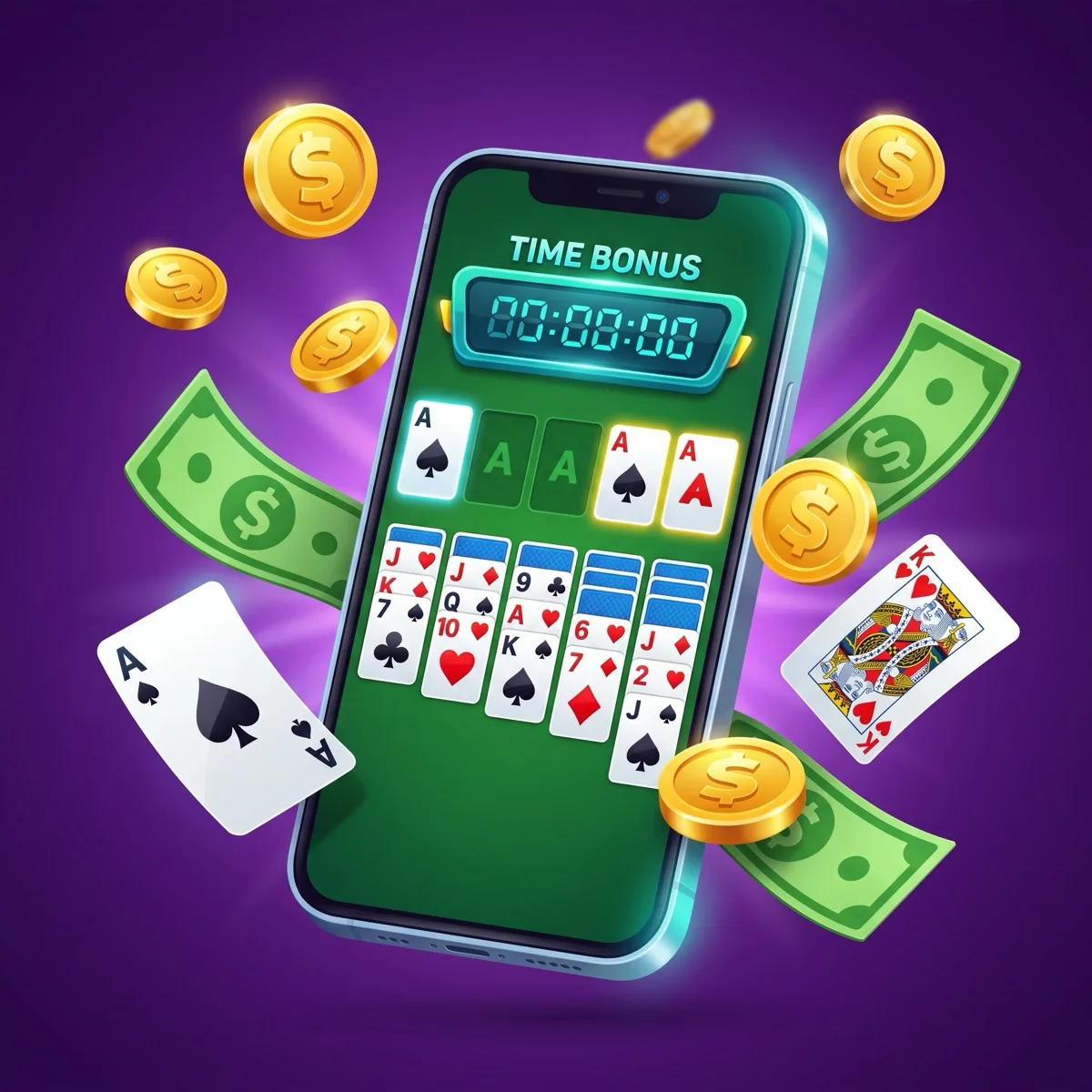 Glossy 3D cartoon illustration of a Klondike solitaire board on a smartphone screen with a glowing TIME BONUS countdown, four foundation piles starting with aces, and chunky gold coins and green US dollar bills floating on a deep purple radial background