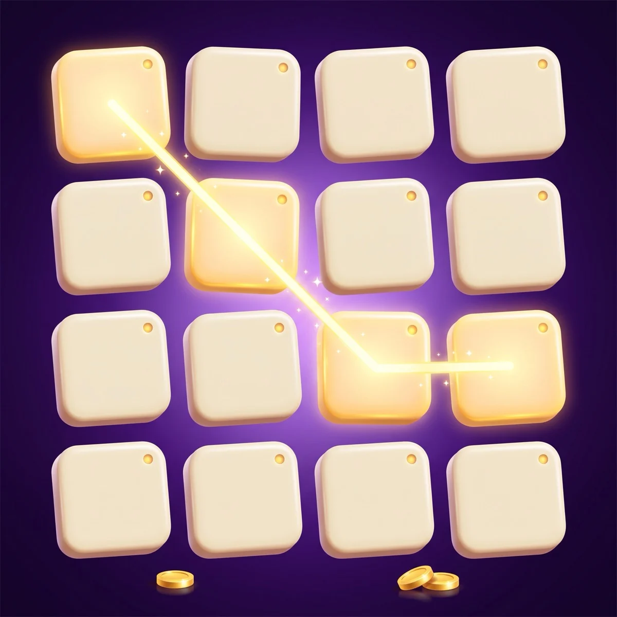 Glossy 3D illustration of a 4x4 grid of blank cream tiles on a deep purple background, with a glowing gold trail linking four tiles diagonally from the top-left corner and then across one row, and a few gold coins below