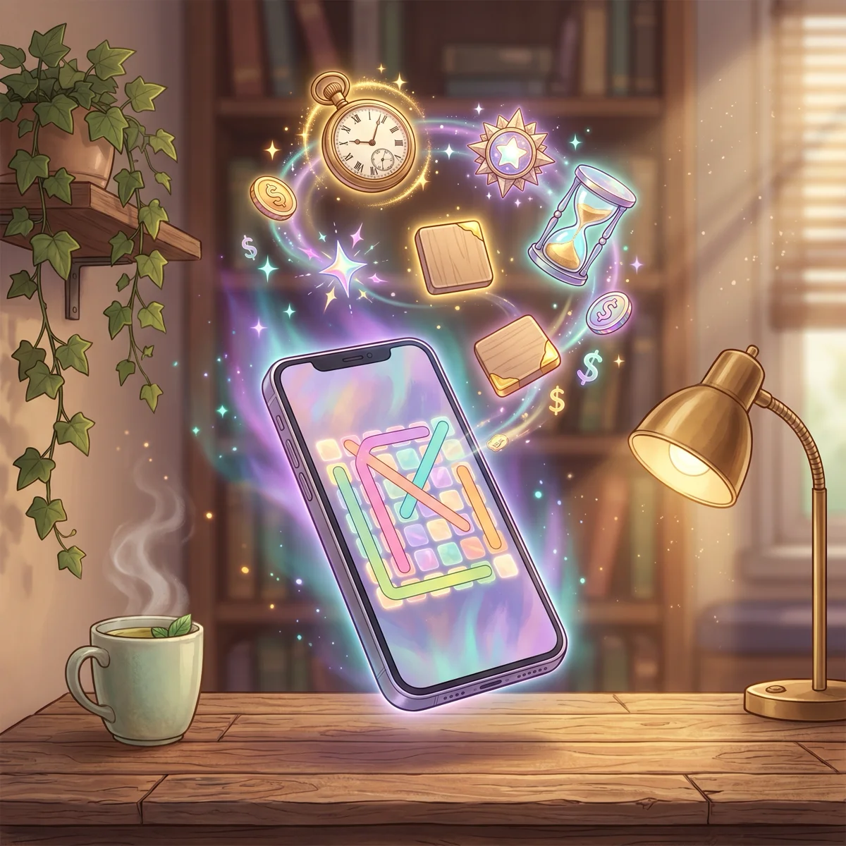 Storybook editorial illustration of a glowing smartphone floating above a warm wooden desk, displaying an abstract Word Search Cash grid with colored ribbon highlights, while a magical vortex of power-up icons — a vintage pocket-watch, starburst medallion, crystal hourglass, and blank puzzle tiles — rises from the phone screen alongside gold coins, dollar signs, and teal-violet sparkles. Cozy bookshelves and trailing ivy in the background.