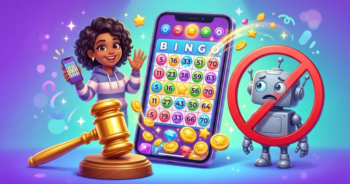 3D cartoon illustration of a smartphone showing a Blackout Bingo card with daubed numbers and gold coins spilling out, beside a friendly human player icon and a crossed-out robot, with a judge's gavel, reviewing whether Blackout Bingo is legit in 2026
