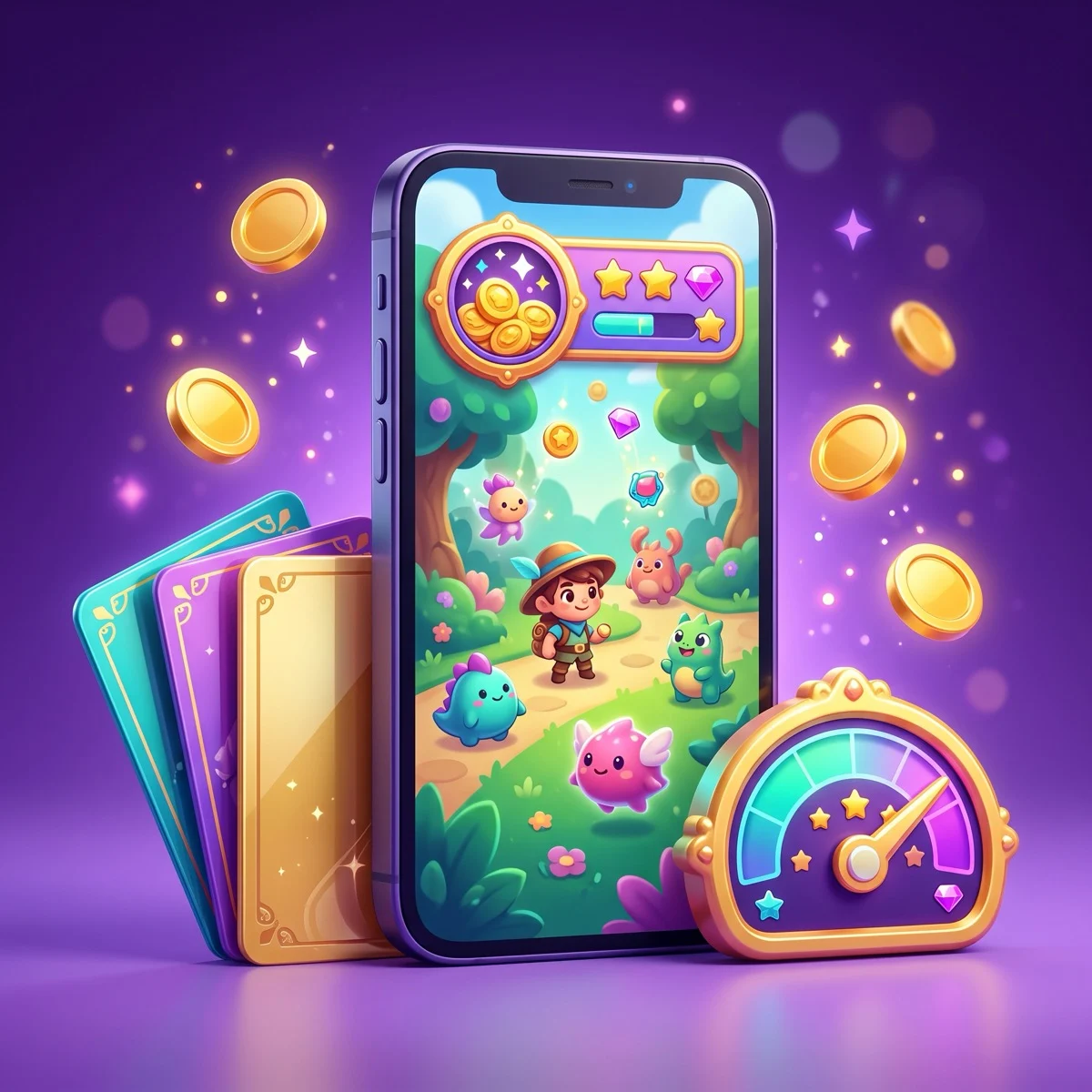 A smartphone showing a colorful casual mobile game beside a stack of gift cards, a few gold coins, and a capped meter gauge, illustrating an honest Mistplay review