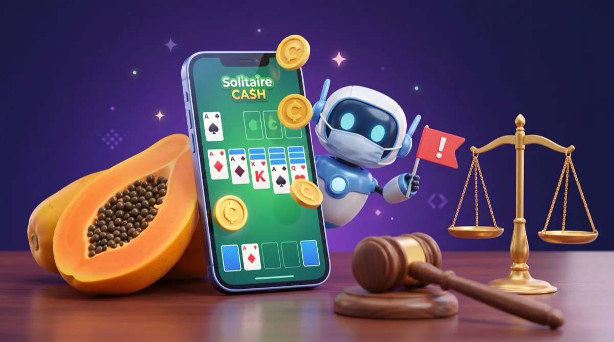 3D cartoon illustration of a halved papaya beside a smartphone showing a Solitaire Cash card game with gold coins, a friendly robot in a face mask holding a red warning flag, and a judge's gavel and golden scales of justice — reviewing whether Papaya Gaming is legit