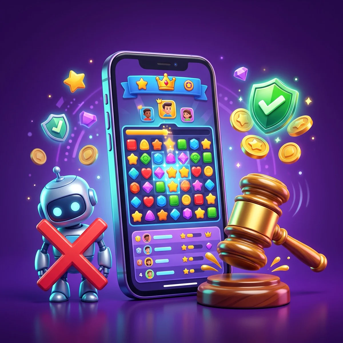 A glossy 3D smartphone showing a Skillz skill-game tournament with real player avatars, beside a golden courtroom gavel, gold coins, a green check-mark shield, and a small robot crossed out in red, representing the platform that beat bot-using rivals in court