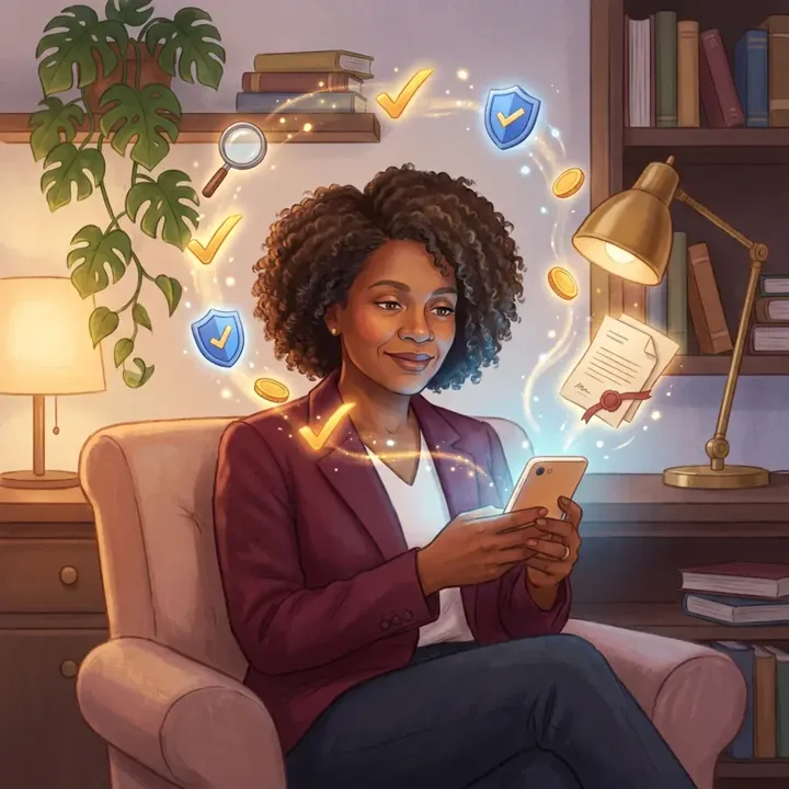 Woman in a burgundy blazer checking skill game legitimacy on a smartphone with glowing verification badges