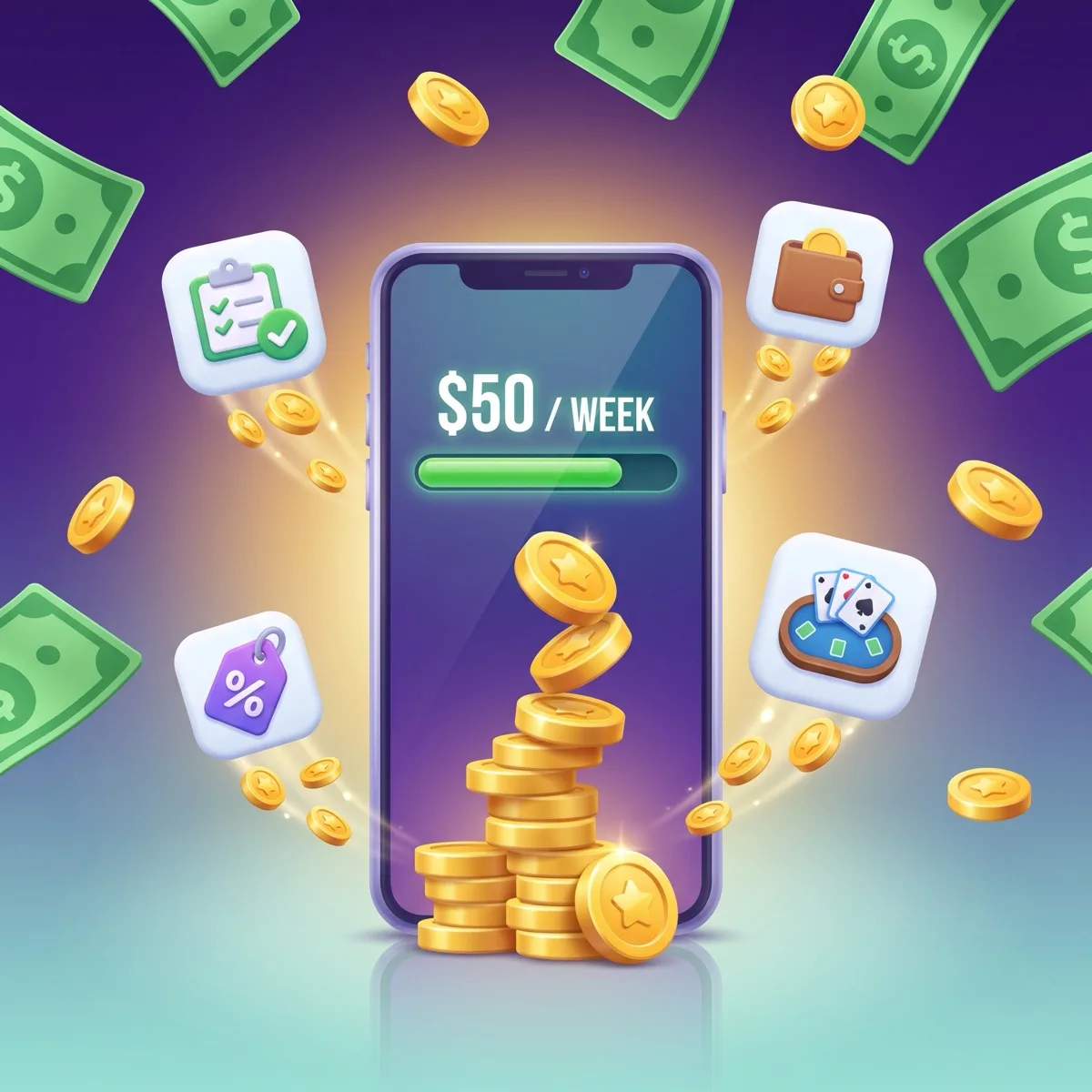 Glossy 3D cartoon illustration of a smartphone stacking gold coins toward a weekly fifty-dollar target, fed by a survey checklist, a cashback tag, and a card-game board on a deep purple radial background