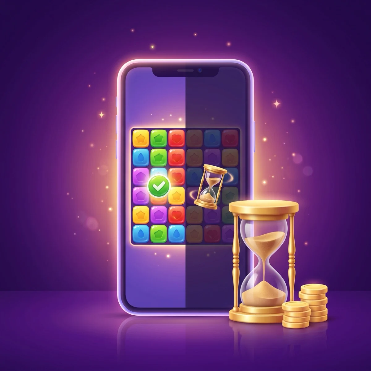 Glossy 3D cartoon of a phone showing two identical puzzle boards, one finished with a green check mark and one dimmed and waiting behind a spinning hourglass, beside a gold hourglass and coins on a purple background.