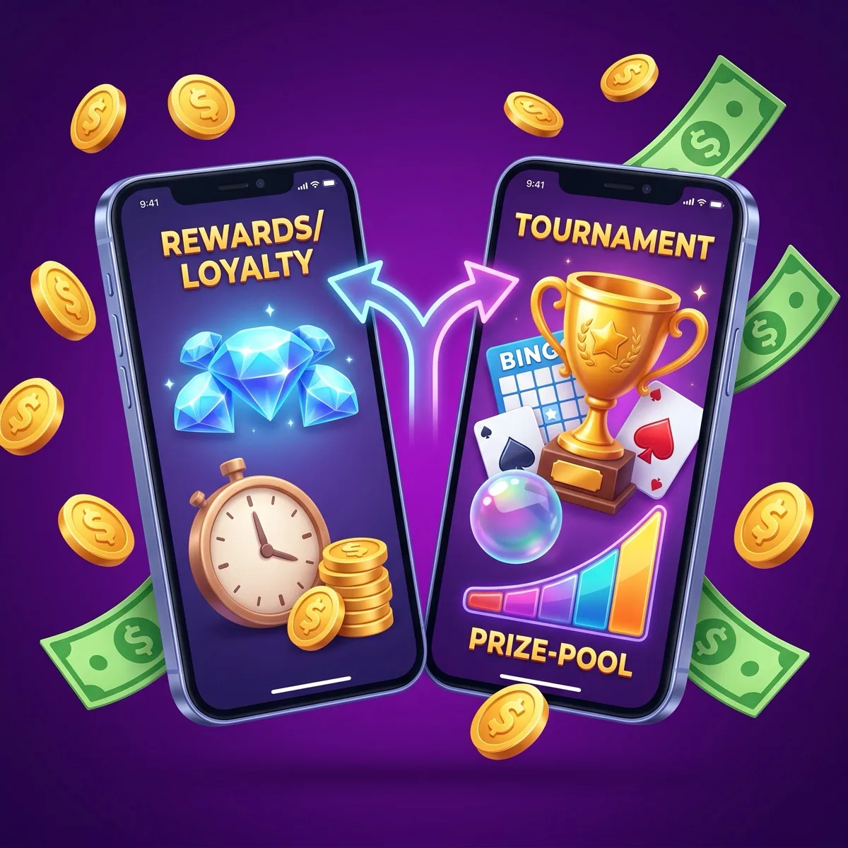Glossy 3D cartoon illustration of a smartphone whose screen splits via a forked arrow into two paths — a rewards screen with blue gems and a slow clock for earning slowly over time, and a tournament screen with a golden trophy, bingo card, card spade and bubble for earning by skill — surrounded by floating gold coins and green US dollar bills on a deep purple background
