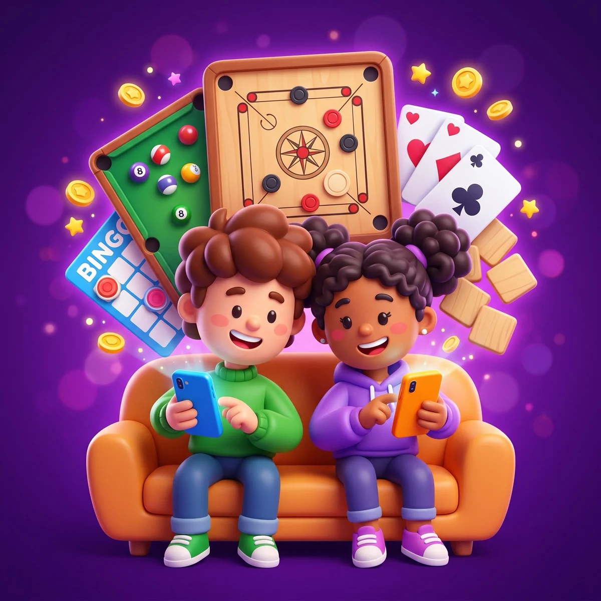 Two friends sitting side by side holding phones, with a colorful fan of game icons — a carrom board, 8-ball pool, playing cards, a bingo card, and word tiles — bursting from the screens, representing mobile games to play with friends