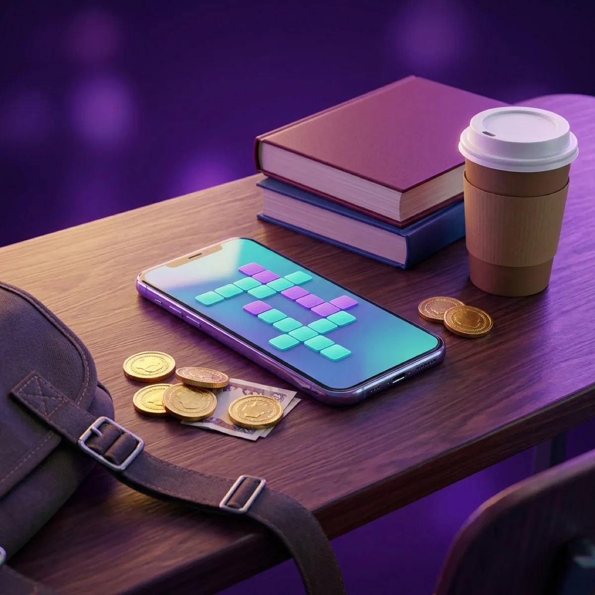 A smartphone resting on a lecture hall desk next to a stack of textbooks, a coffee cup and a small scatter of coins
