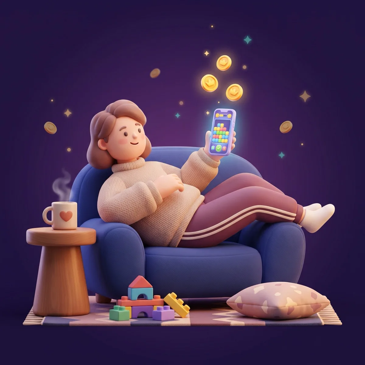 A relaxed parent on a couch at home holding a phone one-handed, playing a colorful game with a few gold coins floating out, a coffee mug and toy blocks nearby, on a deep purple background