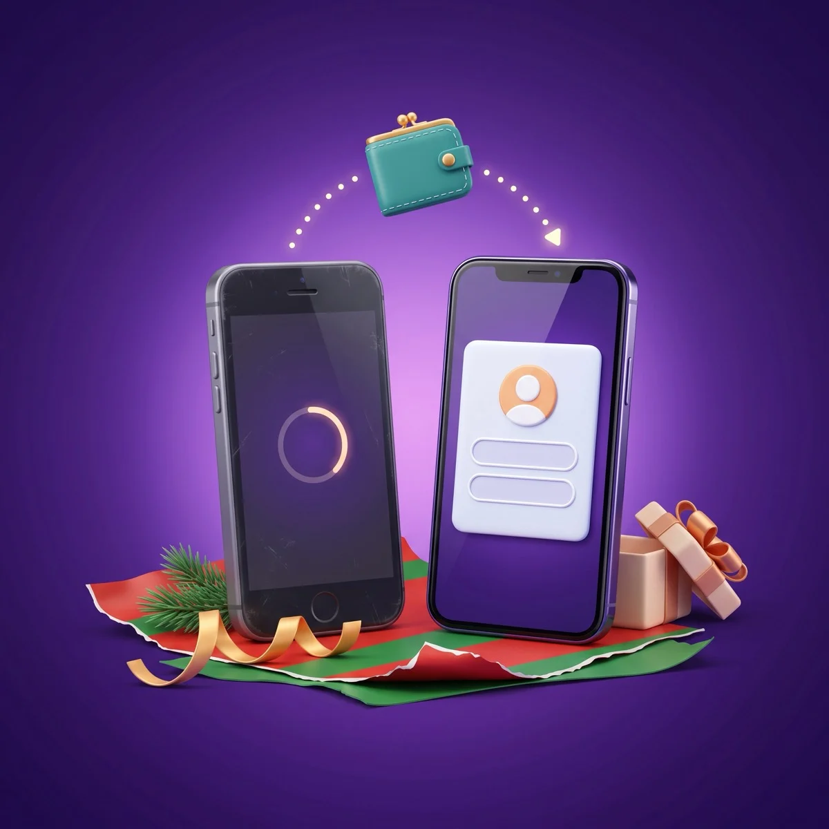 Glossy 3D cartoon of an older scuffed phone showing a reset ring and a new phone showing a blank sign-in card, with a teal wallet moving along a dotted arc between them, on torn holiday wrapping paper against a deep purple background