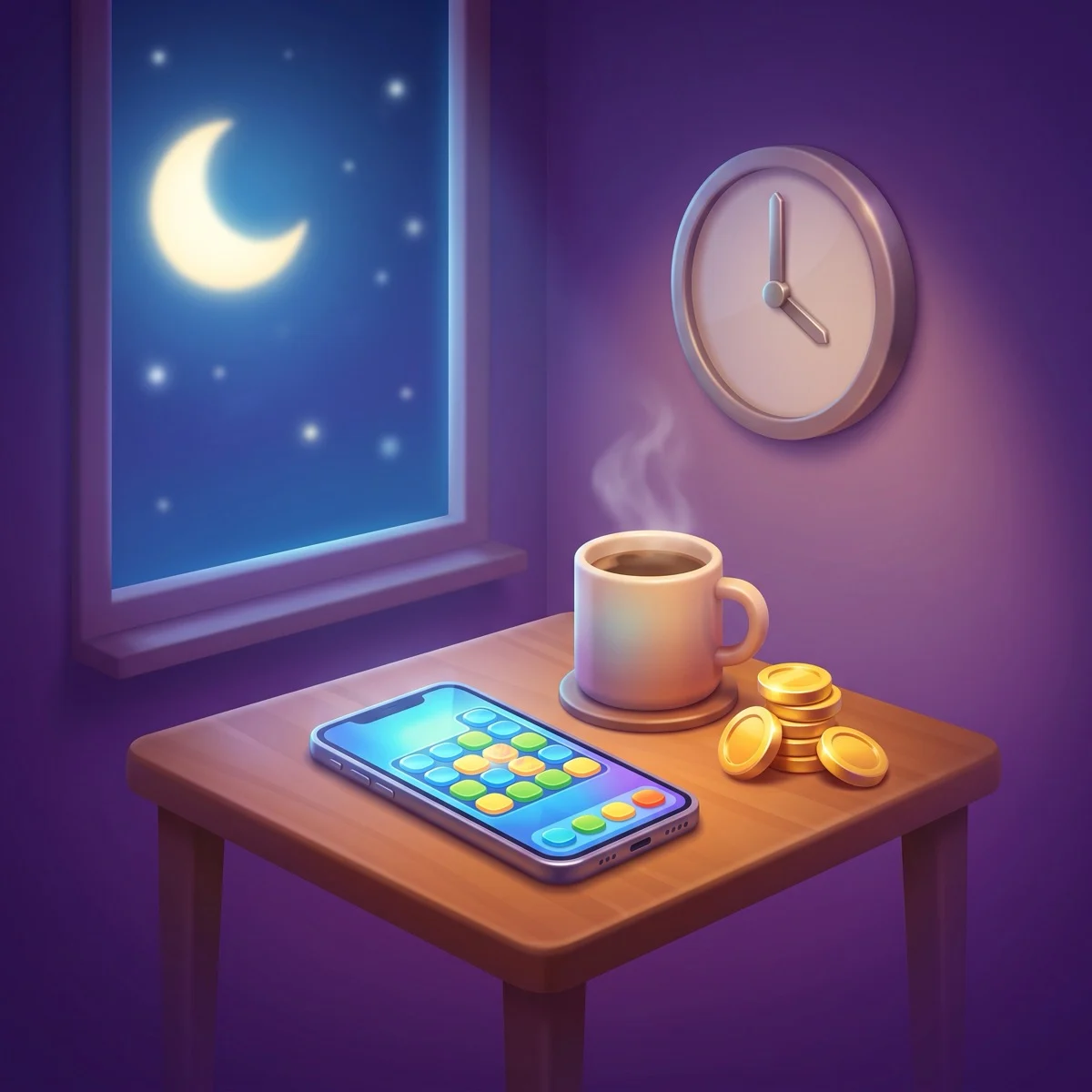 A phone with a colorful puzzle game on a break-room table at night beside a coffee mug
