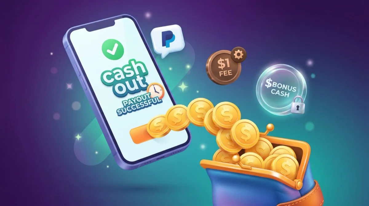 3D cartoon illustration of a smartphone showing a cash-out screen with a PayPal-style payout, a clock icon for the waiting period, gold coins flowing into a wallet, a small $1 fee coin, and a locked bonus-cash coin set aside