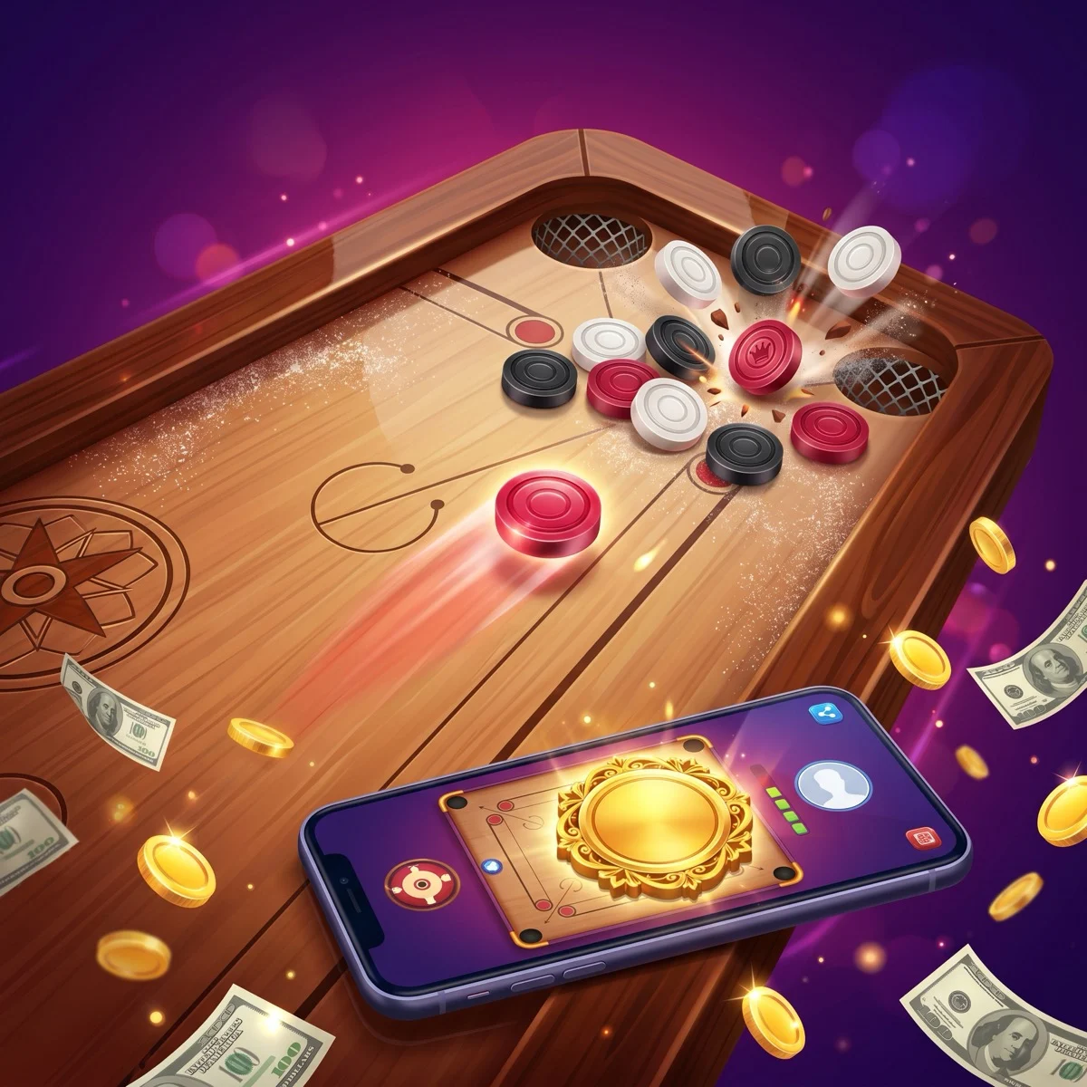 Glossy 3D cartoon illustration of a polished wooden carrom board mid-game — a striker disc flicking toward black, white, and cherry-red carrom men near a corner pocket — with a smartphone in the foreground showing a carrom match and a glowing gold cash-prize badge, surrounded by floating gold coins and green US dollar bills on a deep purple background