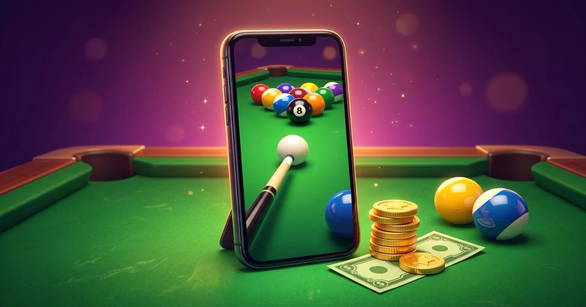 A smartphone on a green-felt pool table showing an 8-ball cash match, with a small stack of gold coins and a dollar bill beside it — illustrating realistic side-cash earnings from real-money pool apps