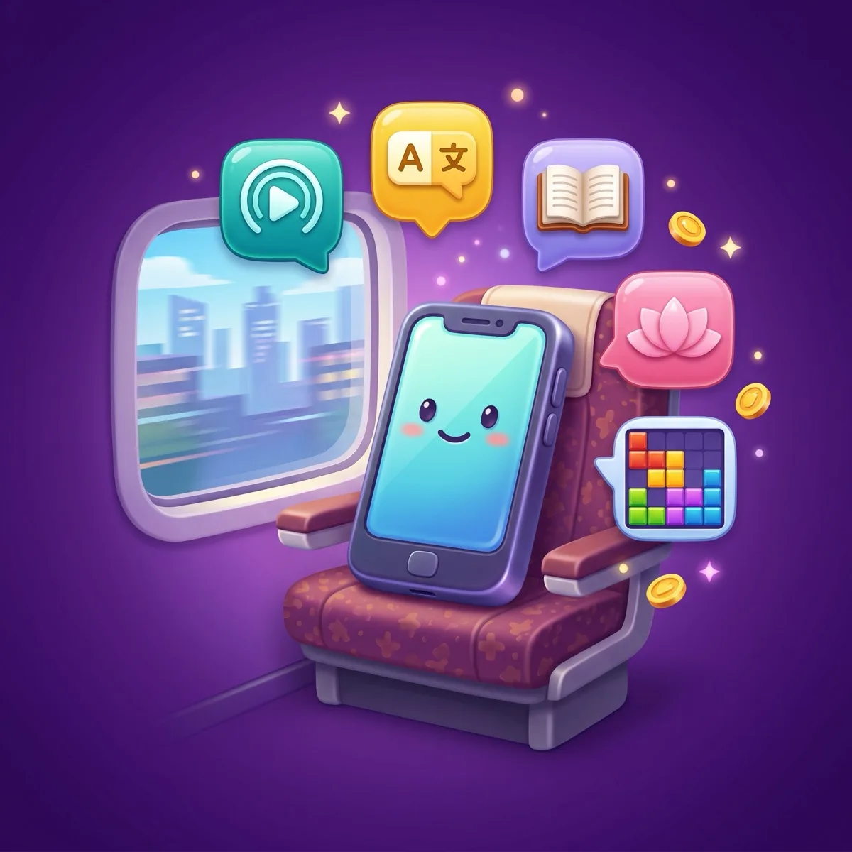 Glossy 3D cartoon illustration of a smartphone on a train seat surrounded by floating app icons — a podcast play button, a language-learning speech bubble, an open book, a meditation lotus, and a colorful block-puzzle board — with a city skyline blurring past the window on a deep purple background