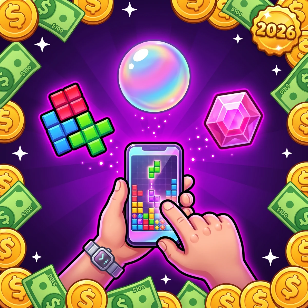 Glossy 3D cartoon illustration of adult hands holding a smartphone showing puzzle gameplay, with a rainbow bubble, neon tetromino blocks, and a pink crystal gem floating above — surrounded by gold coins, $100 dollar bills, and a 2026 badge on a deep purple radial background
