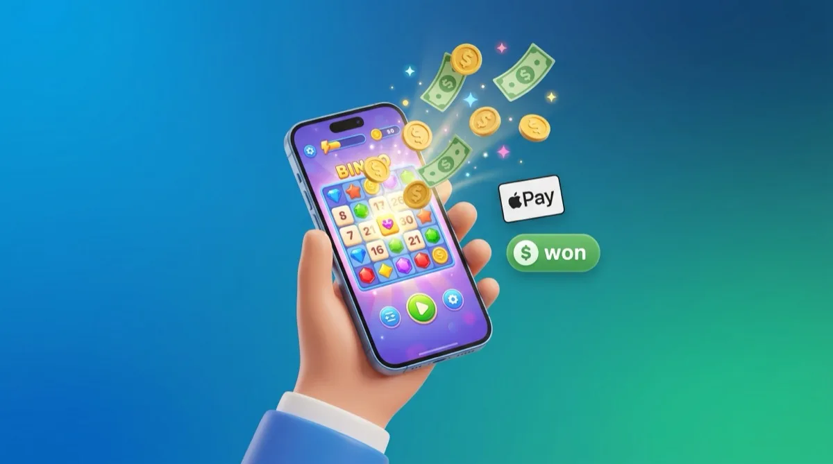 iPhone held in hand showing a colorful skill-based cash game with gold coins, an Apple Pay glyph, and a green dollar 'won' badge