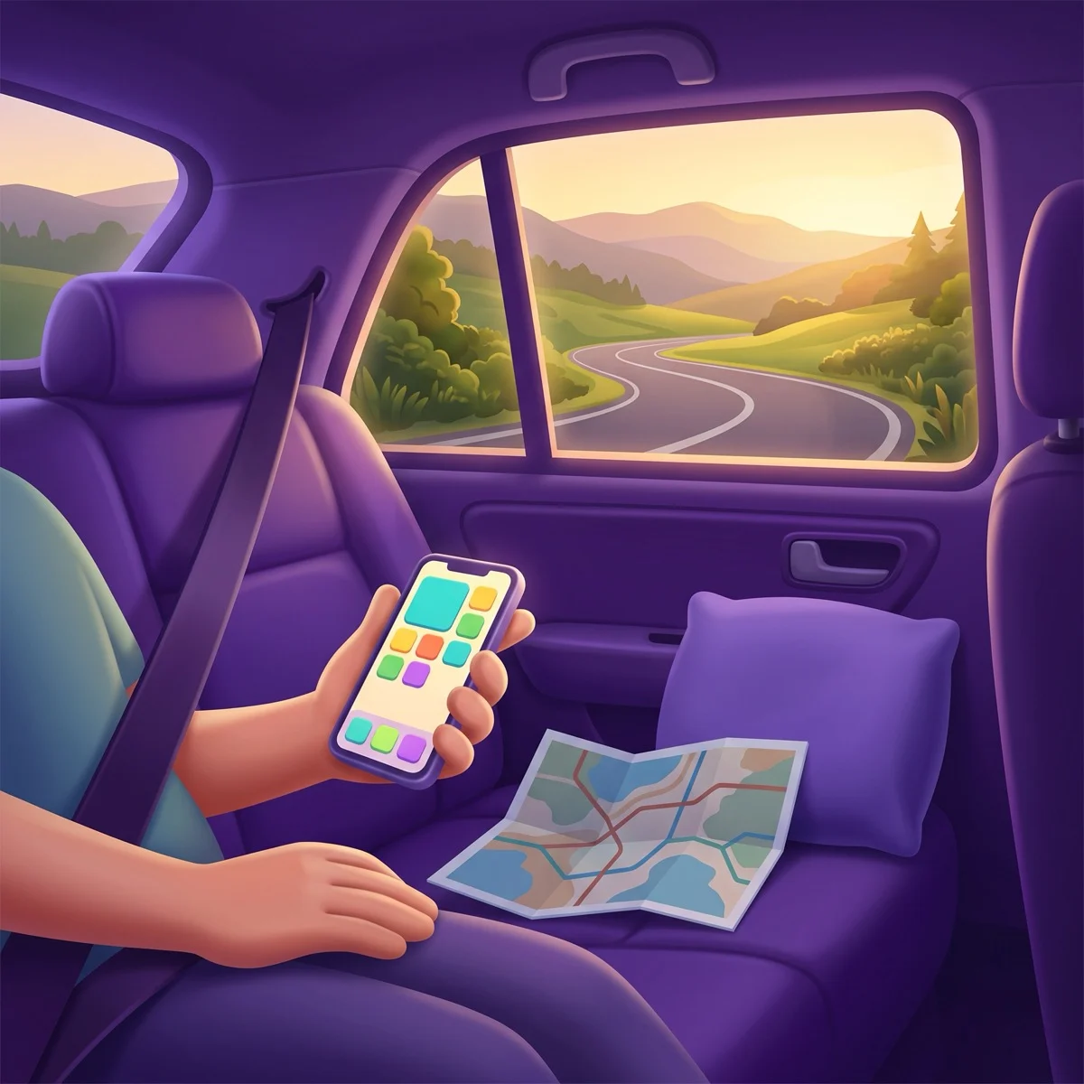 Glossy 3D cartoon of a back-seat passenger wearing a seat belt and holding a phone with a colorful tile puzzle, beside a paper map and a pillow, while a winding road curves through green hills outside the window