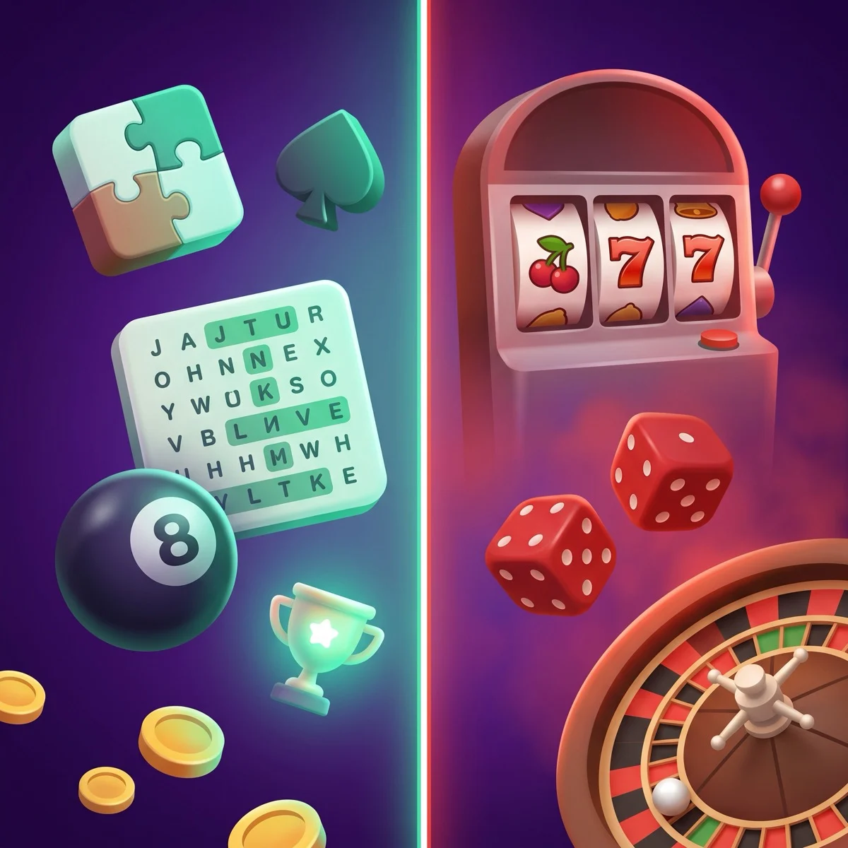 Glossy 3D cartoon split-frame illustration on a deep purple background — skill-game icons including a puzzle tile, a spade, a word-search grid, a black 8-ball, a glowing trophy and gold coins on the left, facing gambling icons including a slot machine, red dice, and a roulette wheel on the right