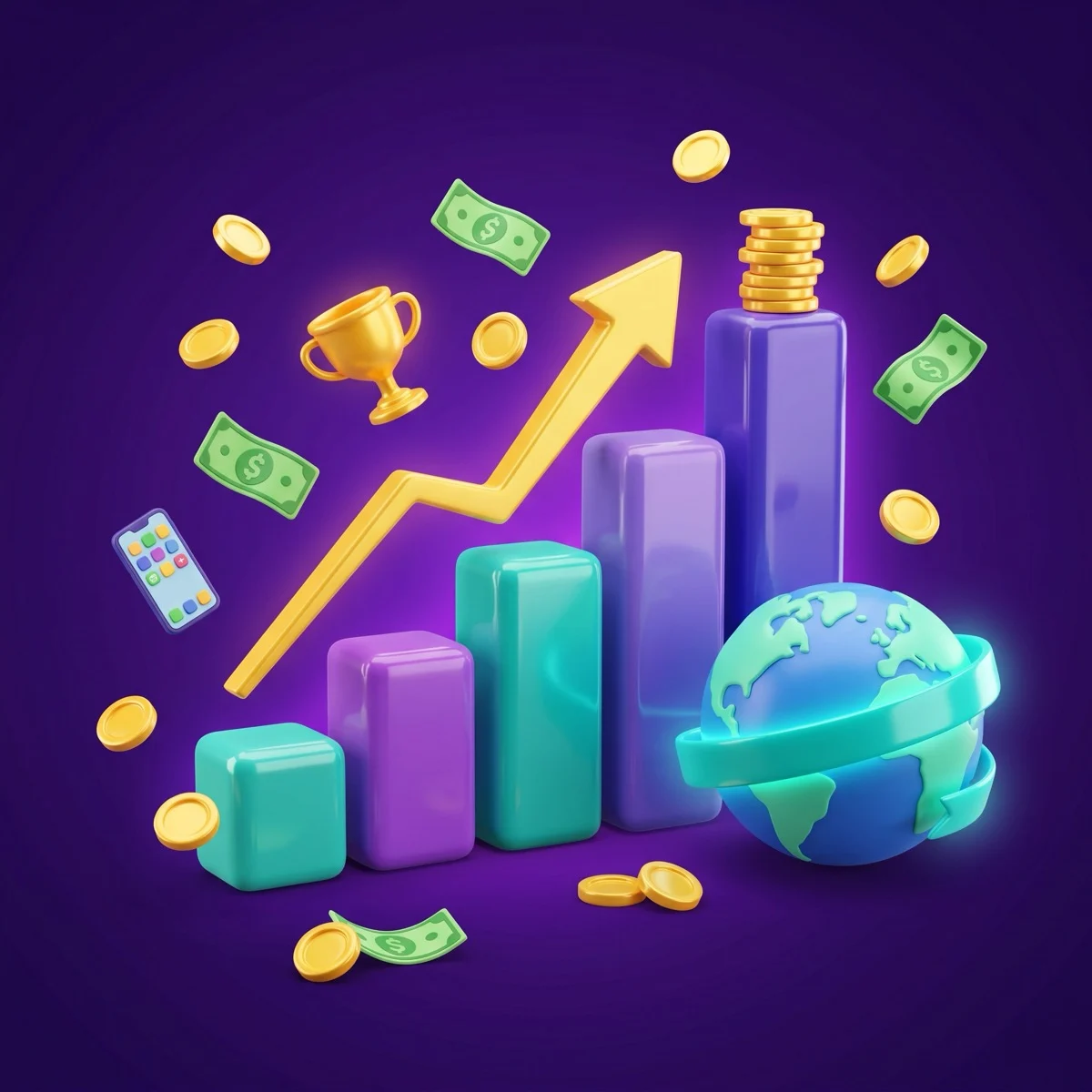 Glossy 3D cartoon illustration of a rising bar chart and an upward arrow built from stacked gold coins, next to a globe wrapped in tiny game-controller and smartphone icons, a golden trophy, a bingo card and a spade, with floating dollar bills and coins on a deep purple background, representing the growth of the skill gaming market