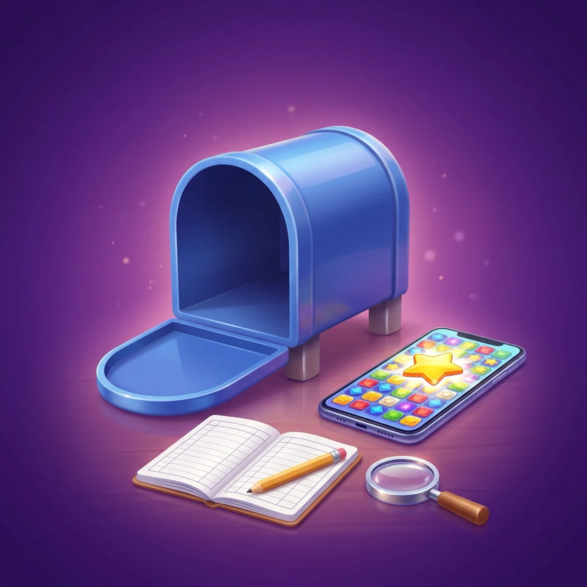 Glossy 3D cartoon of an open, empty blue mailbox beside a smartphone showing a colorful tile puzzle with a gold star, an open notebook with blank ruled columns, a pencil and a magnifying glass on a deep purple background