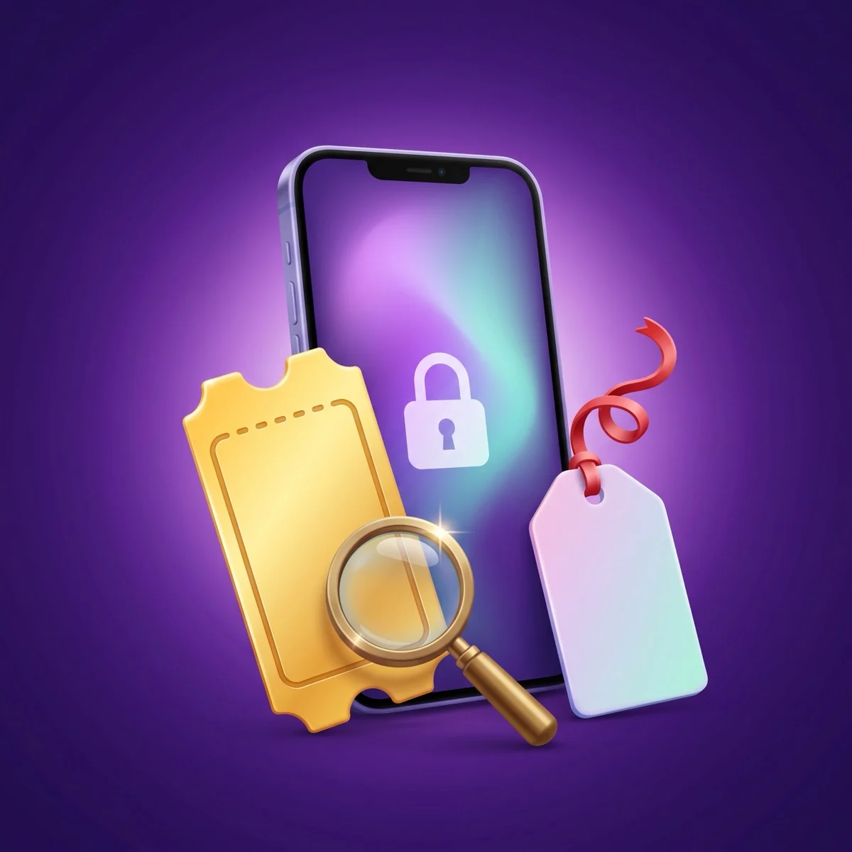 Glossy 3D cartoon of a phone showing a padlock beside a blank golden ticket and a blank gift tag, with a magnifying glass checking the fine print