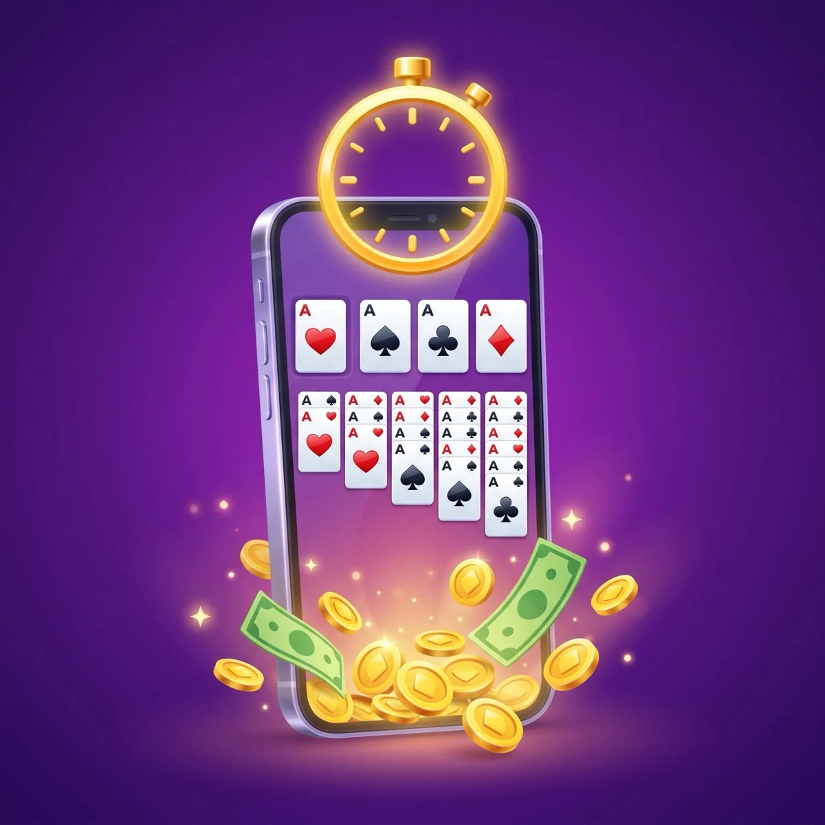 A smartphone showing a Klondike solitaire board with a glowing time-bonus countdown, foundation piles of aces, a rising score counter and gold coins, on a deep purple background