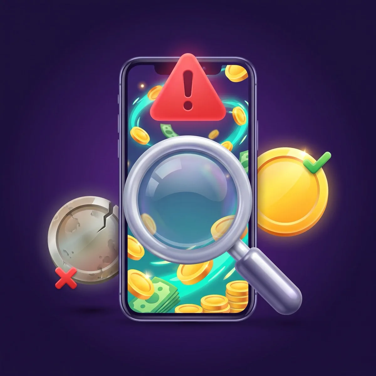A smartphone showing a money game flagged with a red warning triangle under a magnifying glass, beside a cracked fake coin with a red X and a clean gold coin with a green check, on a deep purple background