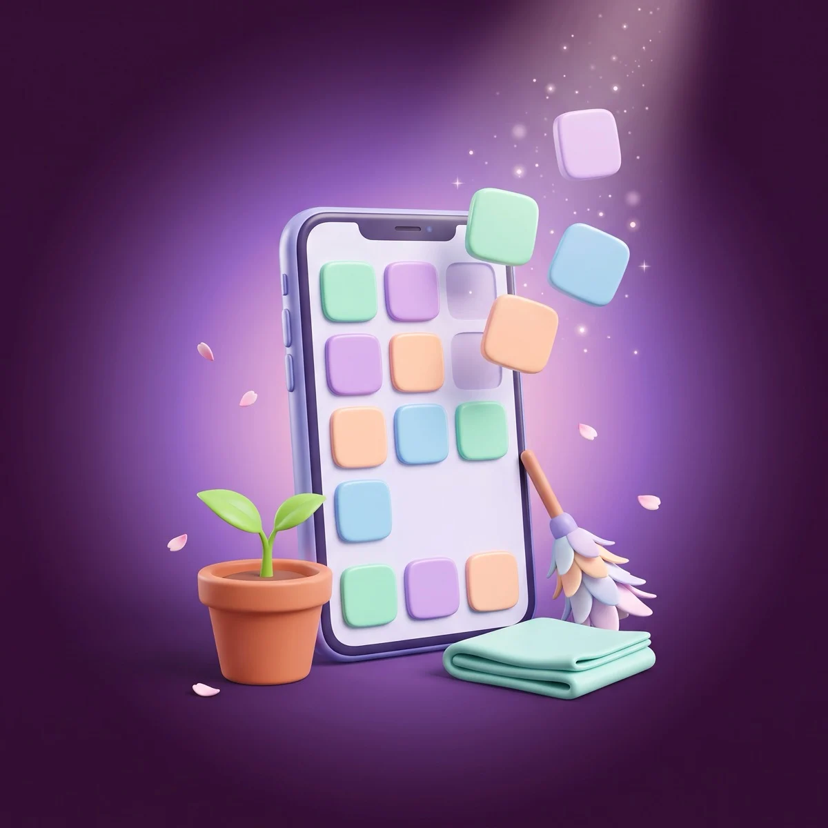 Glossy 3D cartoon smartphone with a grid of blank pastel app tiles, three tiles floating up into a beam of sparkling light, beside a potted green sprout, a pastel feather duster and a folded mint cloth on a deep purple background