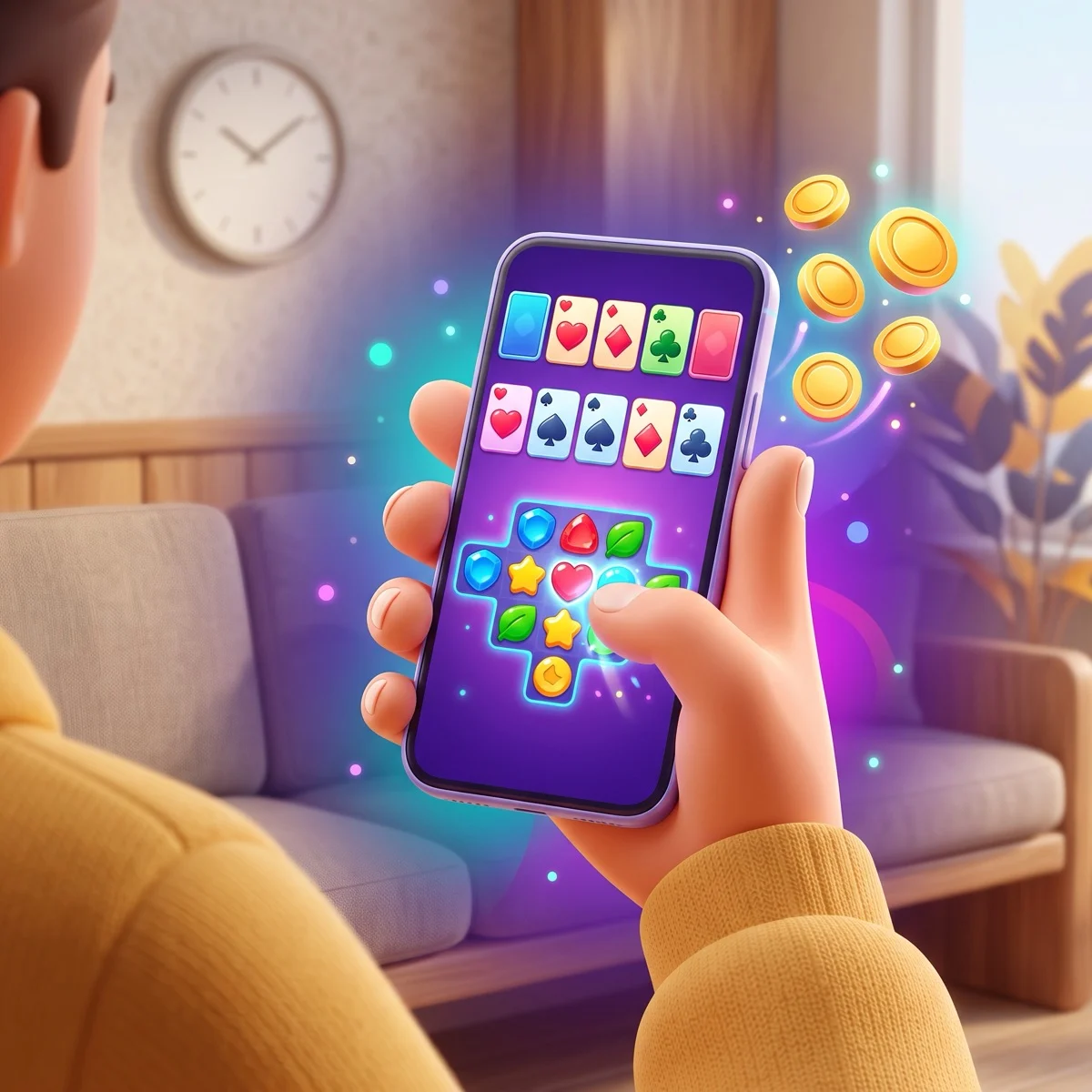 A hand holding a smartphone in portrait, one thumb on a colorful puzzle board, on a waiting-room bench
