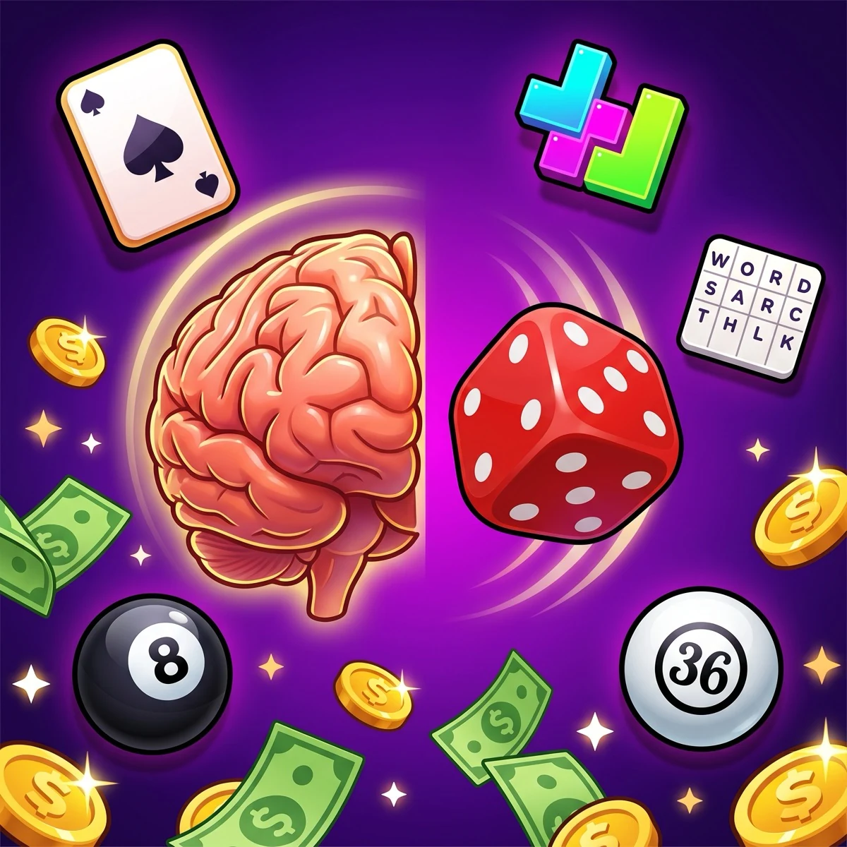 Glossy 3D cartoon illustration on a deep purple radial background — a stylized brain icon on the left facing a single rolling die on the right, split-frame composition representing skill versus chance, surrounded by floating game-category icons including playing cards, a puzzle tile, a word grid, a bingo ball, and an 8-ball, with chunky gold coins scattered across the frame