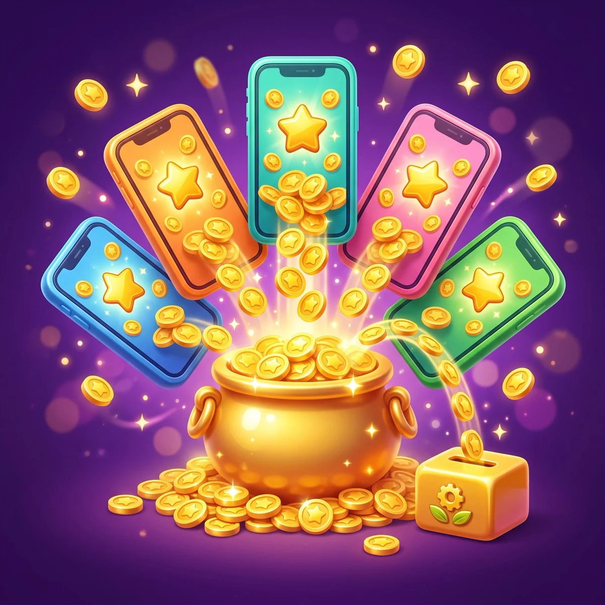 A glossy 3D illustration of several smartphones tipping gold coins into one shared prize pot, with a small slice of coins peeling off to a platform label, showing that cash tournament prize money is players' pooled entry fees