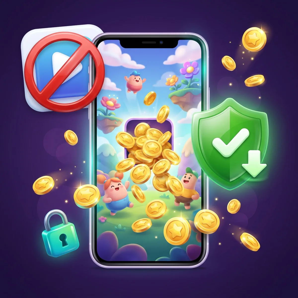 Glossy 3D cartoon on a deep purple background — a smartphone showing a coin-filled casual game, an app-store tile crossed out with a red no-entry symbol, and a green download shield with a checkmark, representing a real-money game that installs safely from outside Google Play