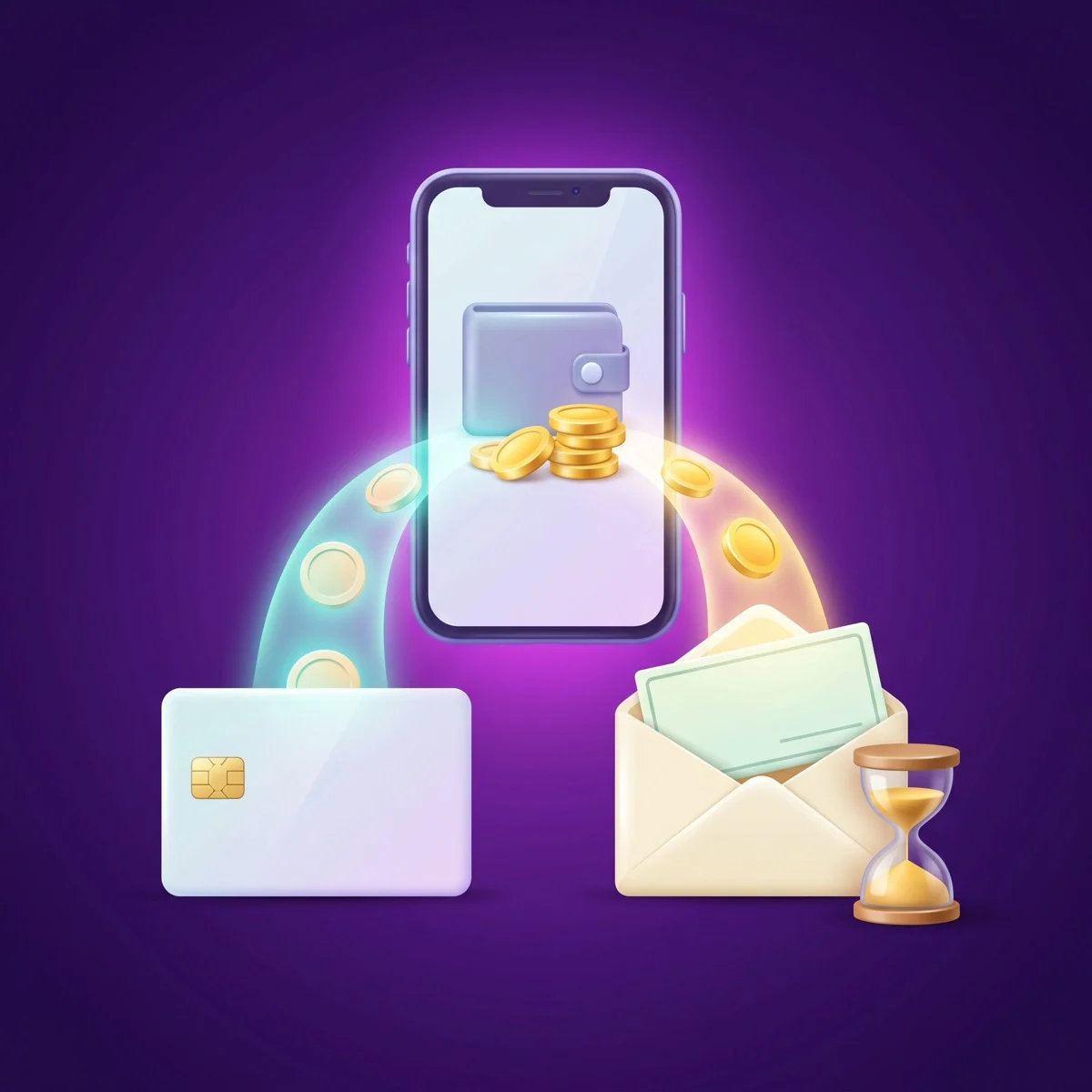 Glossy 3D cartoon of a smartphone wallet with gold coins flowing out in two streams, one back into a blank bank card and one into an envelope holding a check beside an hourglass, on a deep purple background