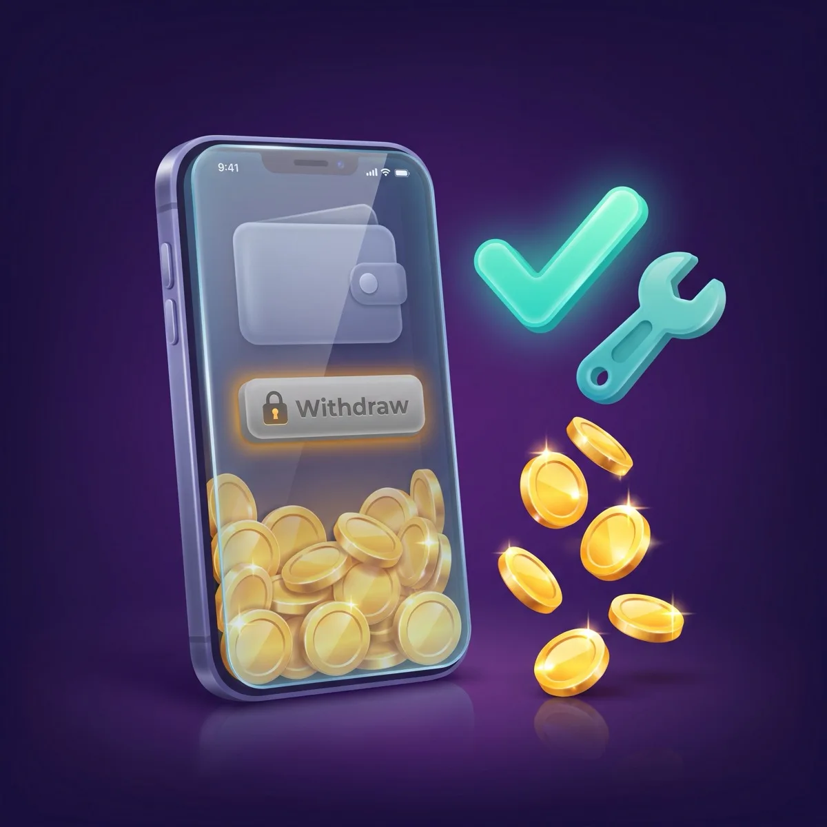 A smartphone wallet full of gold coins with a greyed-out, locked Withdraw button, next to a green checkmark and a wrench representing the fix, on a deep purple background