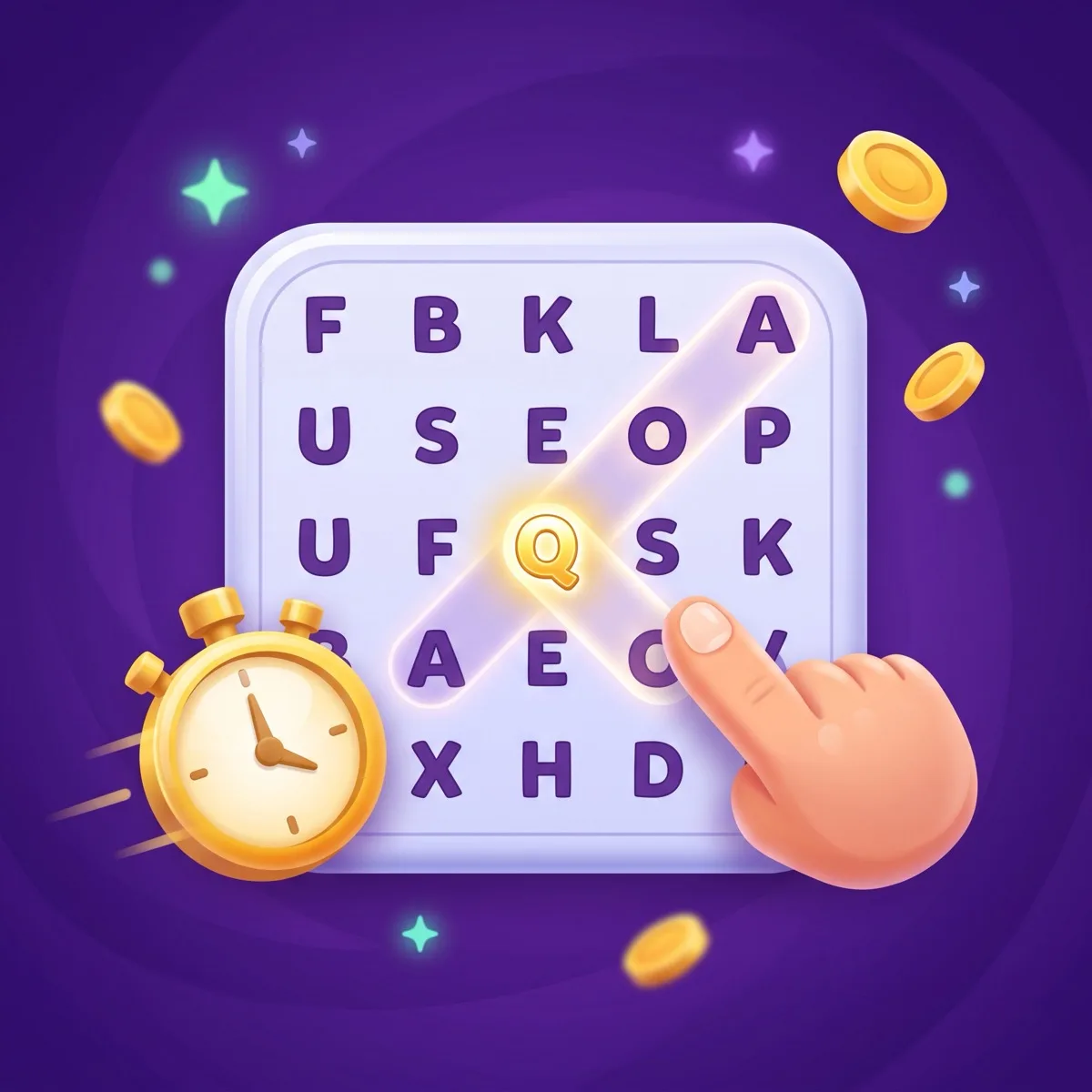 A word search grid with a glowing rare letter Q lit up and a fingertip tracing a diagonal word, beside a golden stopwatch and a few floating gold coins, on a deep-purple background, illustrating that finding words faster earns points in timed play.
